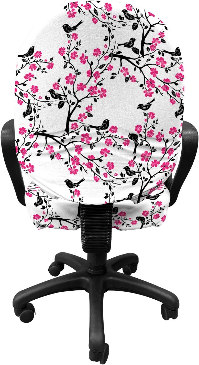 Ambesonne Cherry Blossom Office Chair Slipcover, Sakura Tree Flourishing Flowers and Birds Black Silhouettes, Protective Stretch Decorative Fabric Cover, Black Hot Pink White