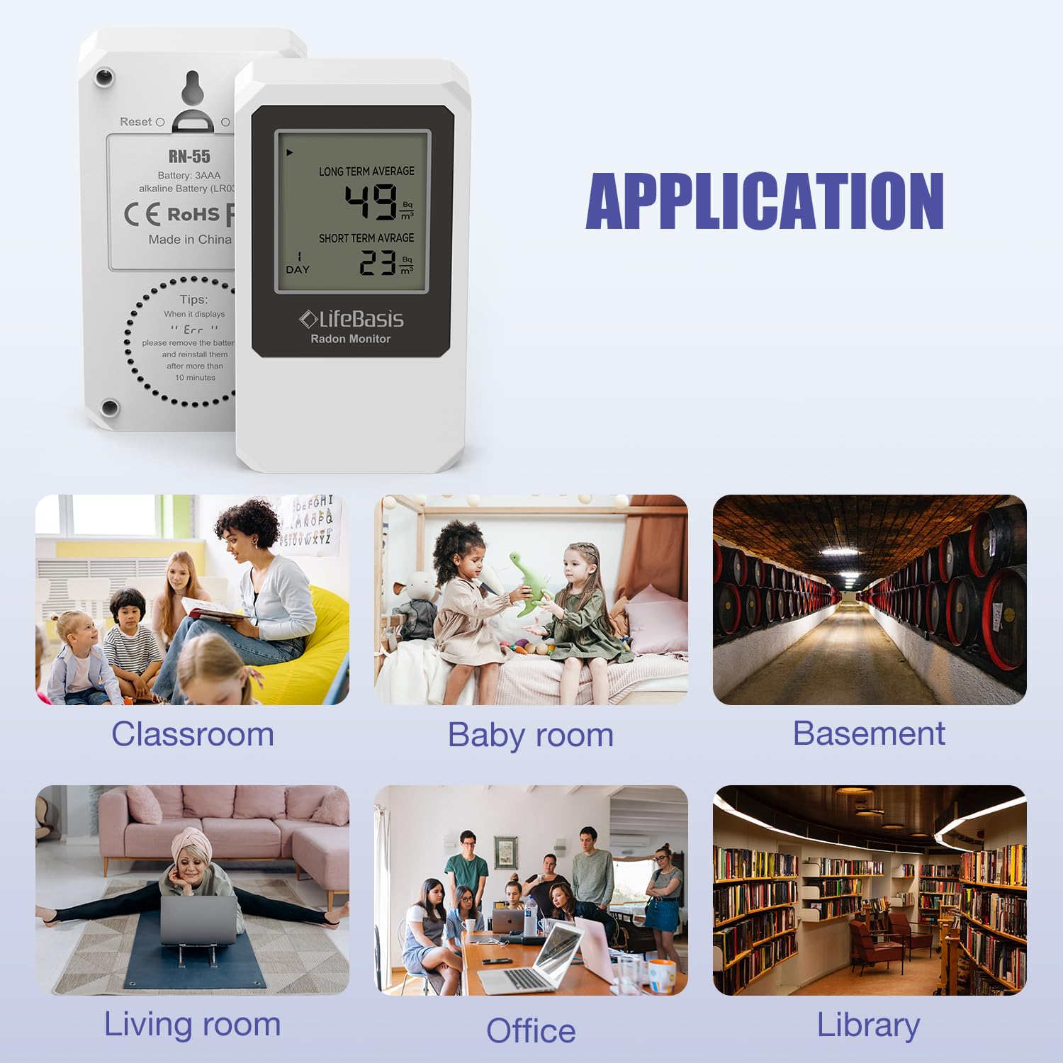 LifeBasis Détecteur de Radon, Radon Gas Detector avec Suivi à Court et à Long Terme pour Maison et Bureau Gamme de 0-18500 Mq/m³, Blanc