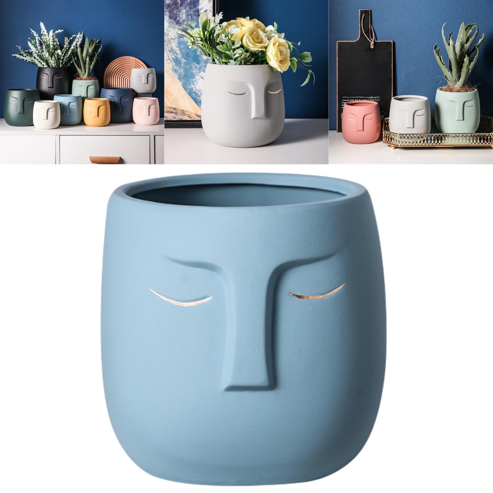 Boxonly Face Planter (Lake Blue, Small, With Hole, Without Tray) - Ceramic Plant Pot for Succulents, Flowers, and Small Plants - Nordic Minimalist Vase for Indoor and Outdoor Home Decor