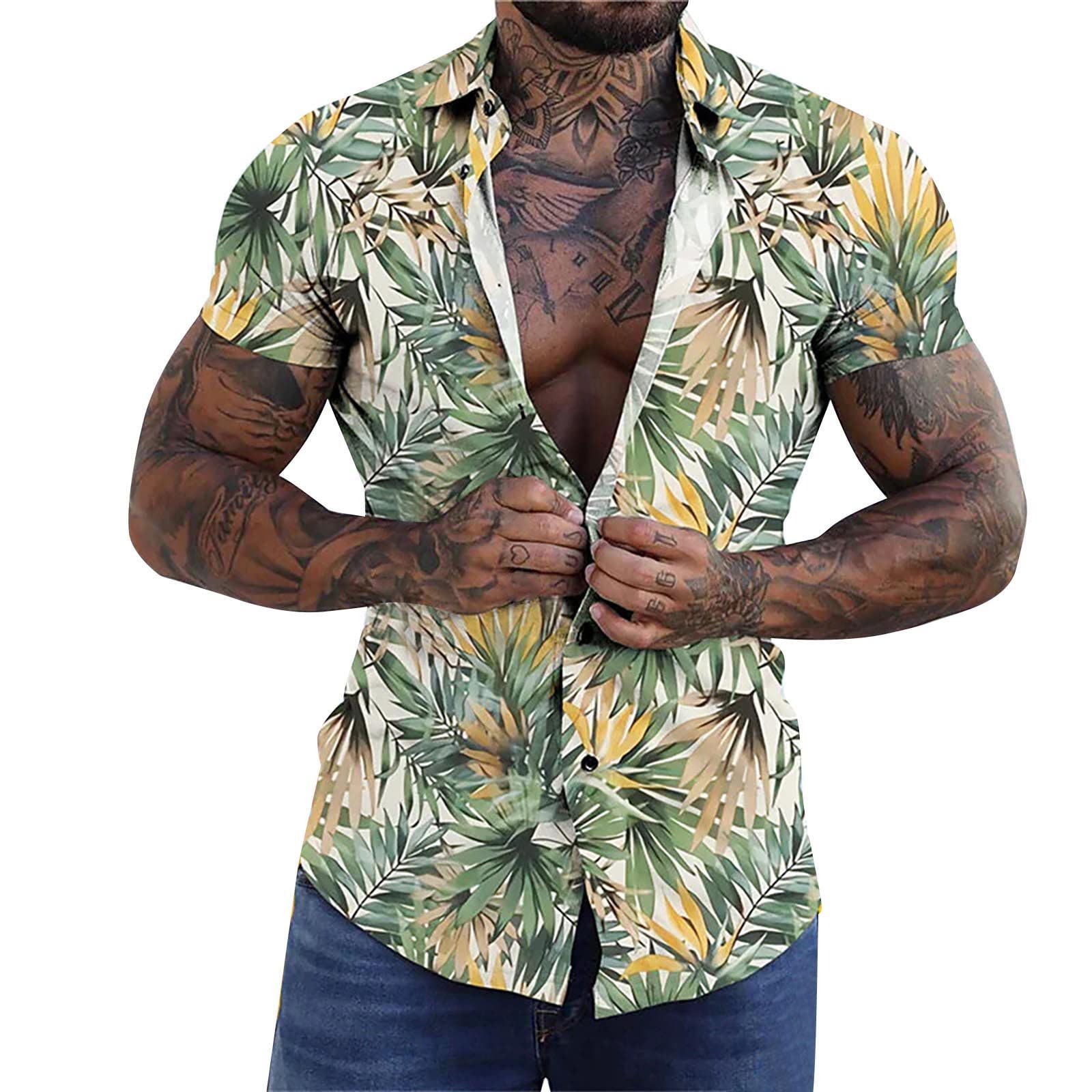 T-Shirt Fitness Clothing Football Jogging Casual Men's Loose Coconut Tree Print Short Sleeve Cuffs Button Port Style White Flower Shirt with Pocket Regular Fit with Chest Pocket