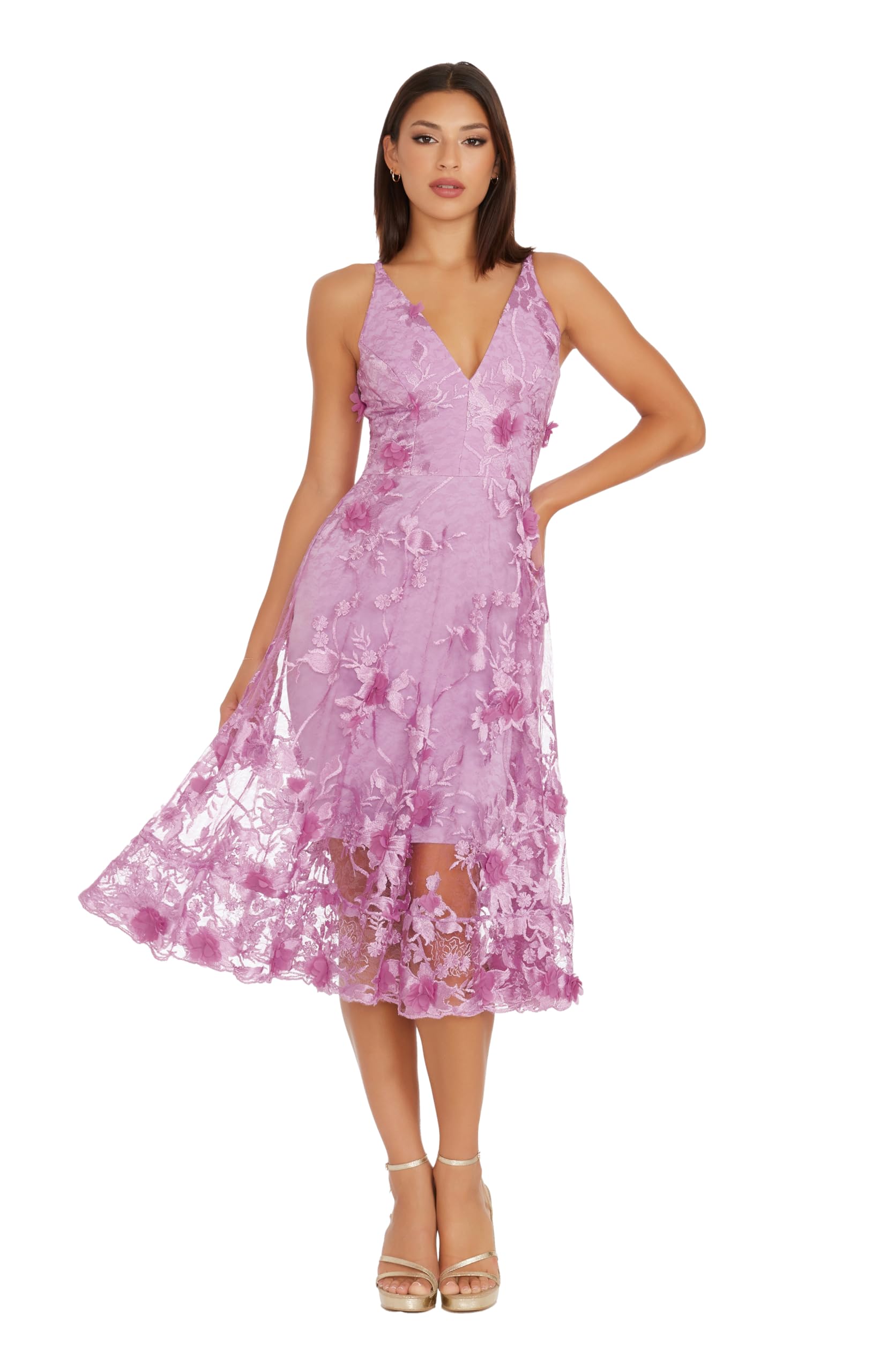 Dress The Population Womens Audrey Spaghetti Strap Midi A-line 3D Floral Dress: XX-Large Lavender