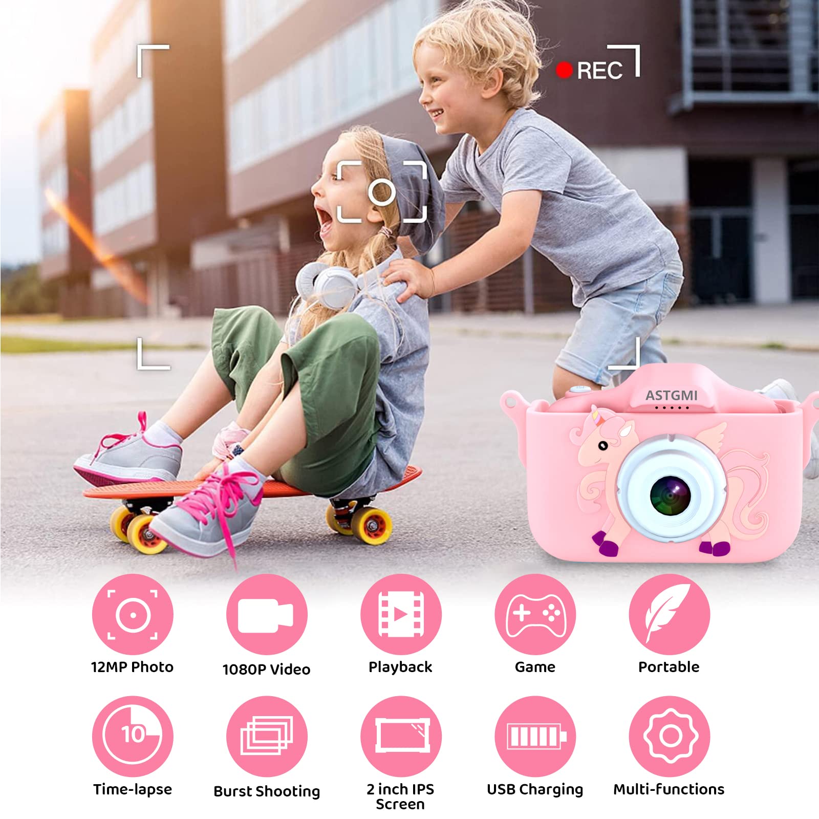 ASTGMI Macchina Fotografica Bambini, 12MP Mini Ricaricabile Fotocamera Digitale Bambina Videocamera Regalo per Ragazze Ragazzi 3-10 Anni, con Scheda 32 GB, Regali Giocattolo di Natale & Compleanno