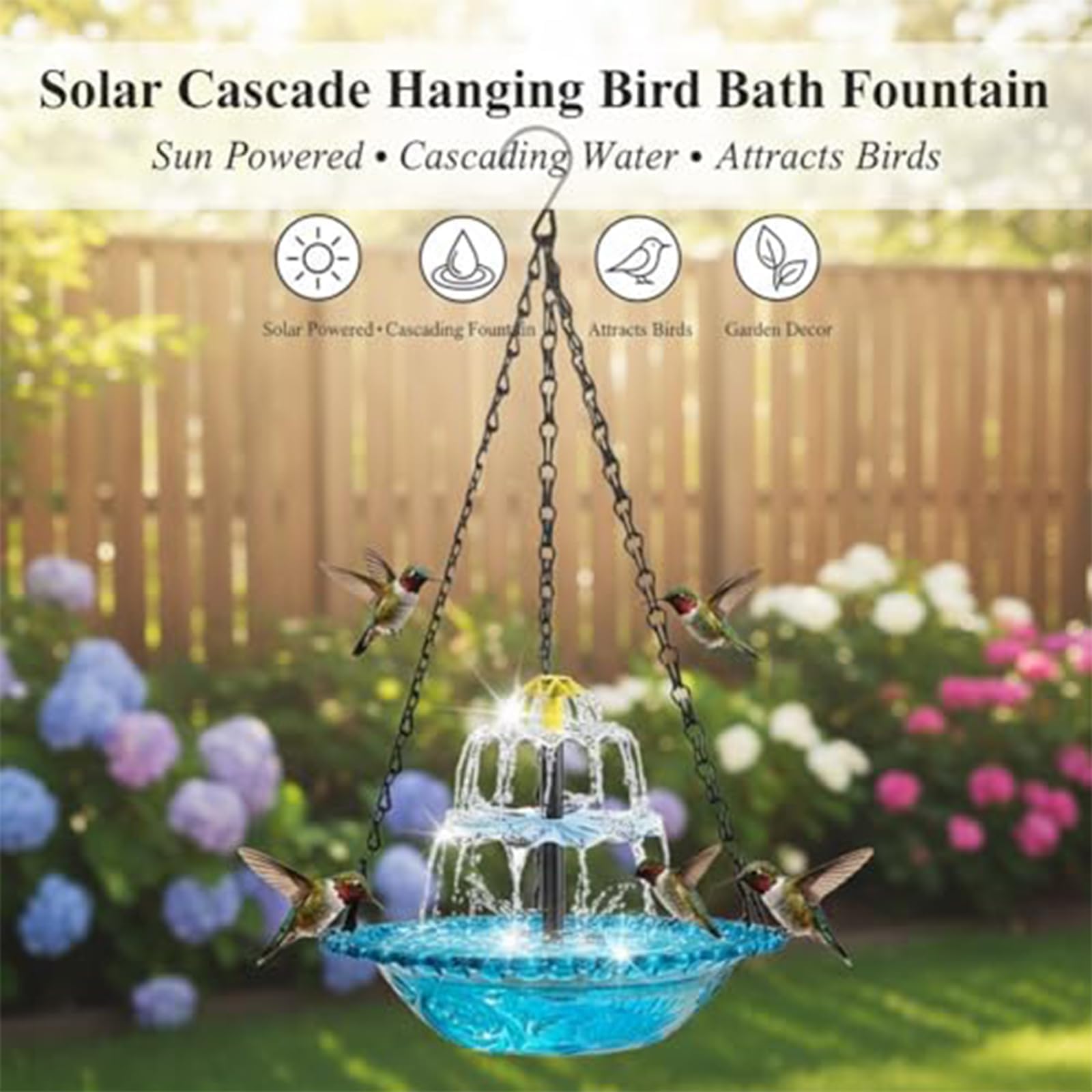 Solar-Kaskaden-Vogeltränke-Brunnen – Hängende Vogeltränke für den Außenbereich mit solarbetriebener Pumpe und Kaskaden-Wasserspieleinsatz für Garten Terrasse und Balkon (Blue B) - 3