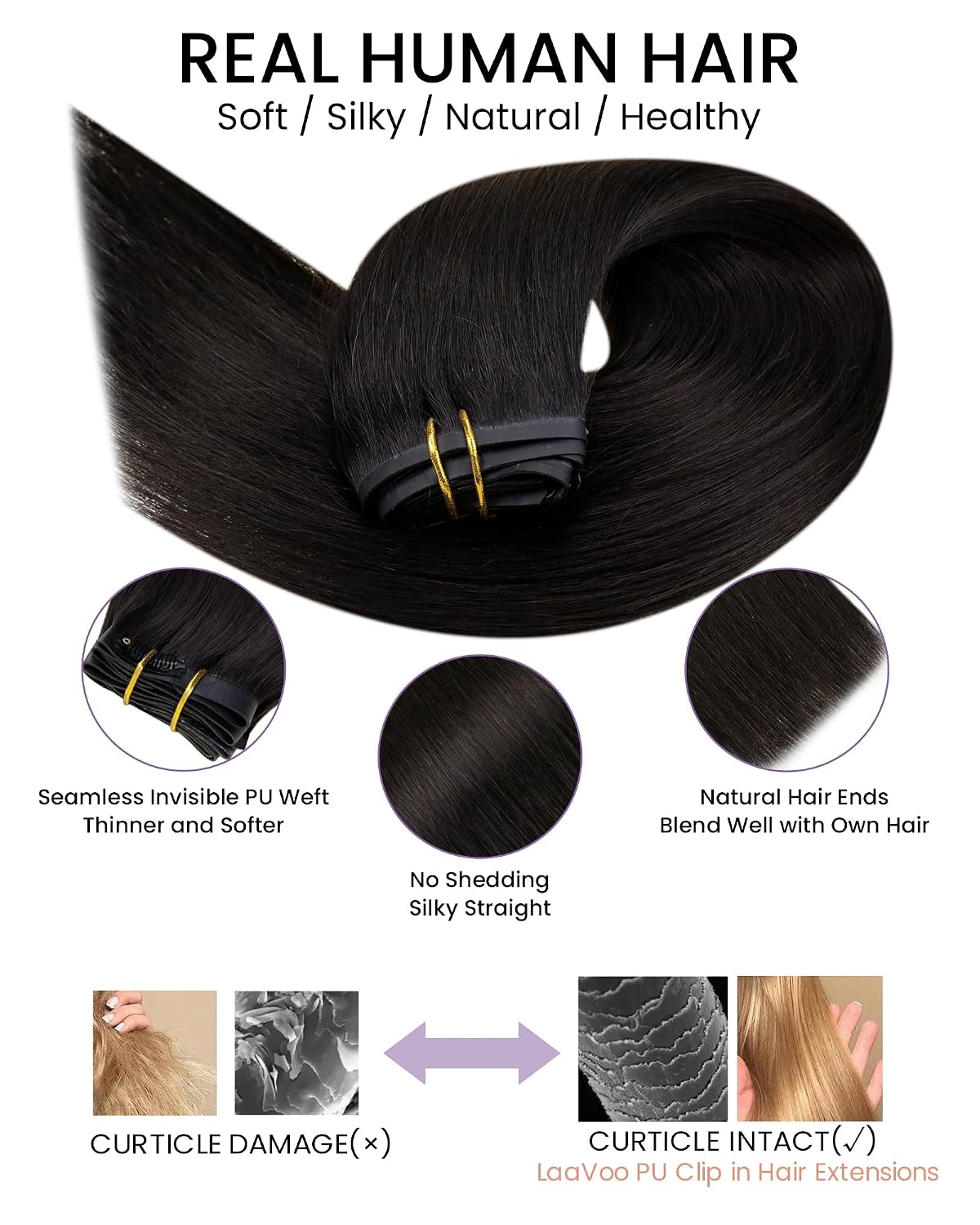 LaaVoo Seamless Hair Extensions Clip in Jet lack Clip in Hair Extensions Human Hair Black Seamless Human Hair Clip ins Extension Invisible PU Weft 18 Inch 7pcs/110g