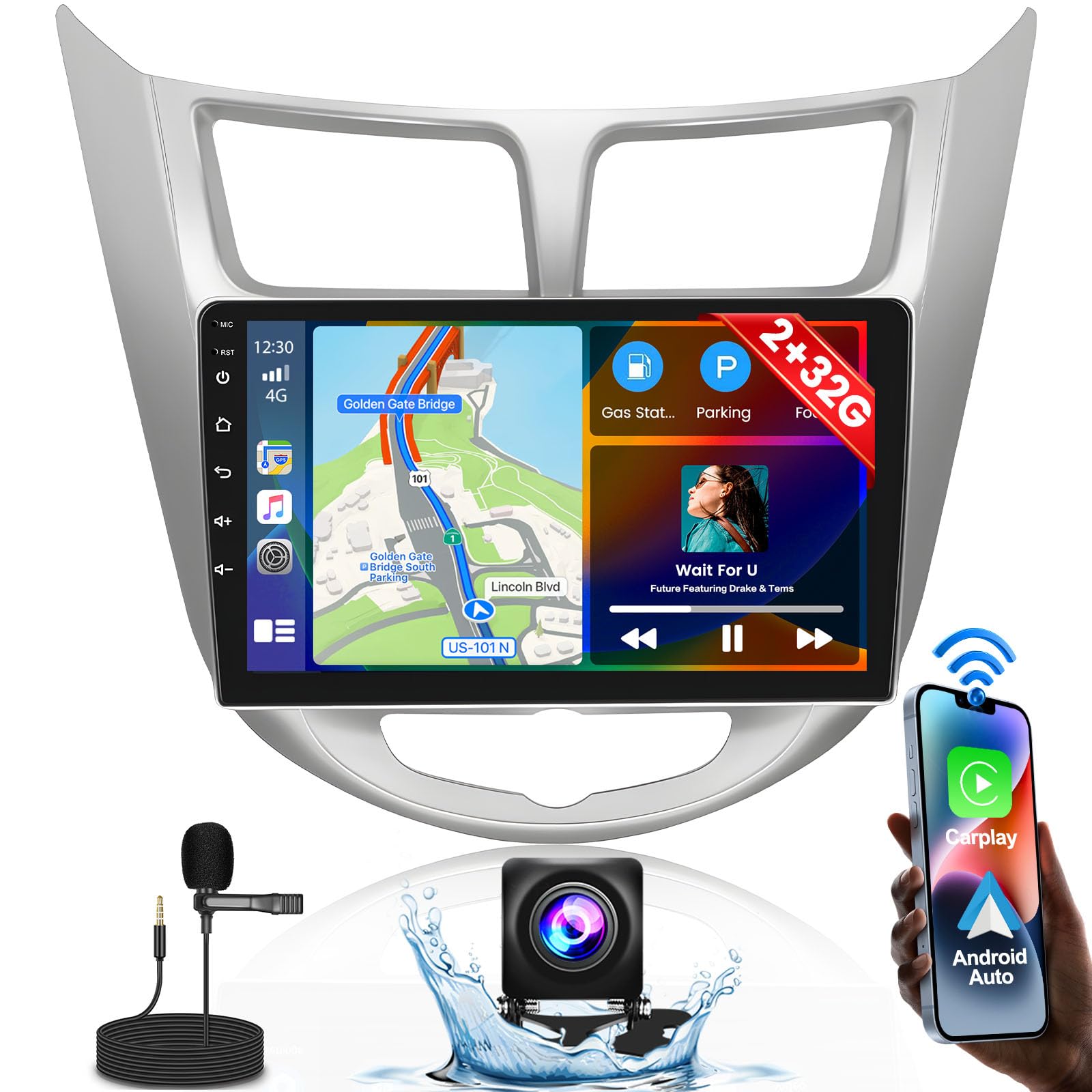 Roinvou 2+32G Android CarPlay Stereo for 2010-2016 Hyundai Verna Accent Solaris, 9'' Touch Screen in-Dash GPS Navigation with Built-in Wireless CarPlay Android Auto Support Mirror Link BT RDS AHD DSP