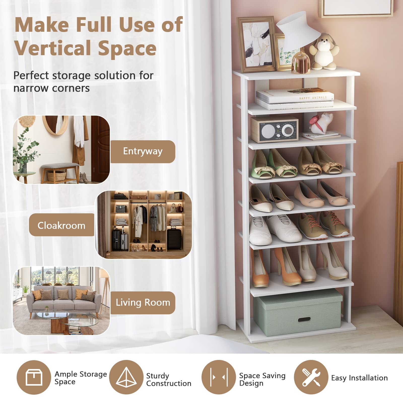 GIANTEX Schuhregal schmal und hoch, Schuhschrank Regal Holz 8 Ebenen, Schuhständer Schuhablage vertikal, Schuh-Organizer platzsparend, Holzregal Standregal Lagerregal Eckregal schmal freistehend weiß