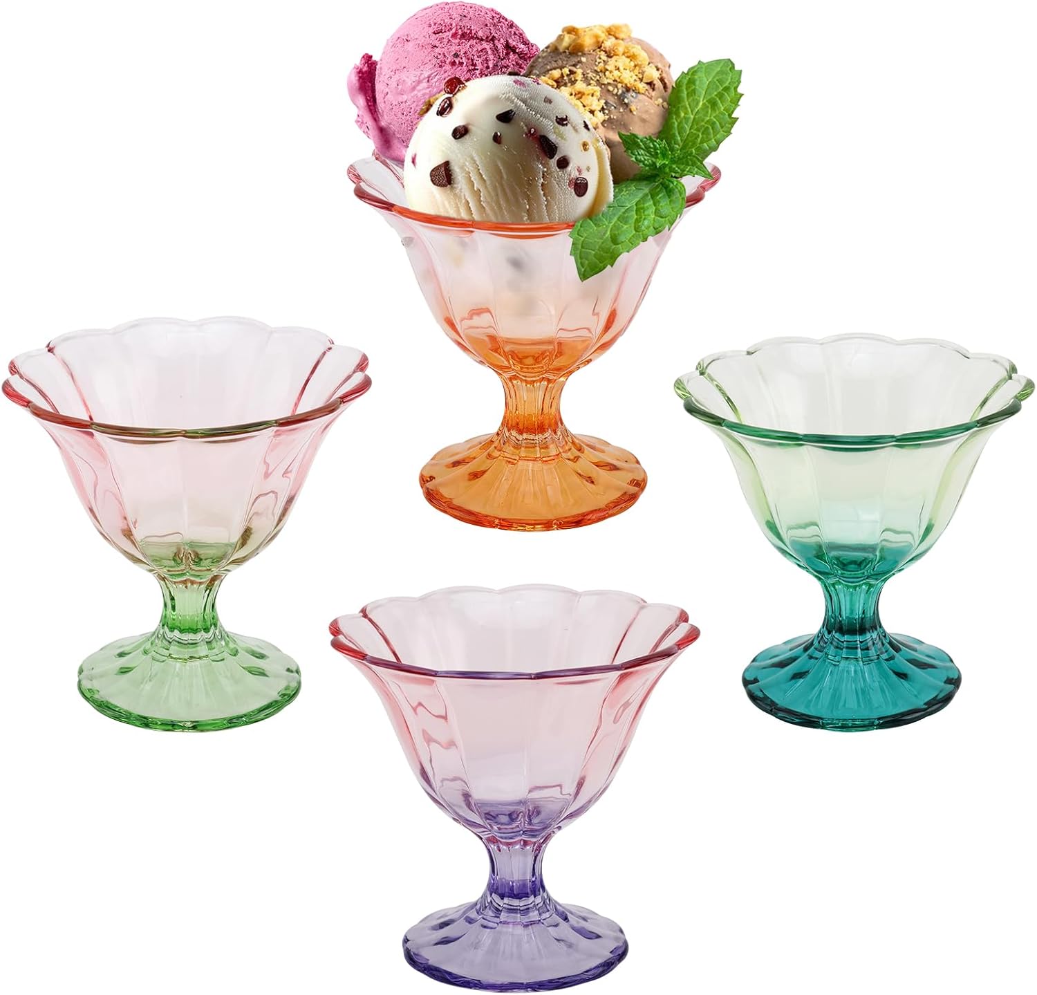 Glass Dessert Bowls 10 Oz Set of 4 Ice Cream Cups Footed Bowl Assorted Colors Clear Drinking Cup for Sundae, Dessert, Candy, Fruit, Ice Cream, Snack Pudding