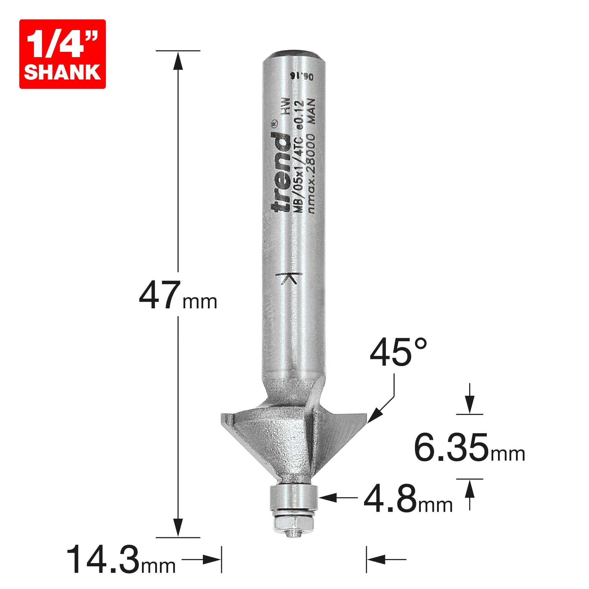 Trend Profesjonalny frez do obróbki krawędzi Miniature Chamfer 45 stopni, trzpień 1/4 cala, średnica cięcia 14,3 mm i długość cięcia 6,35 mm, z węgliku spiekanego, MB/05X1/4TC