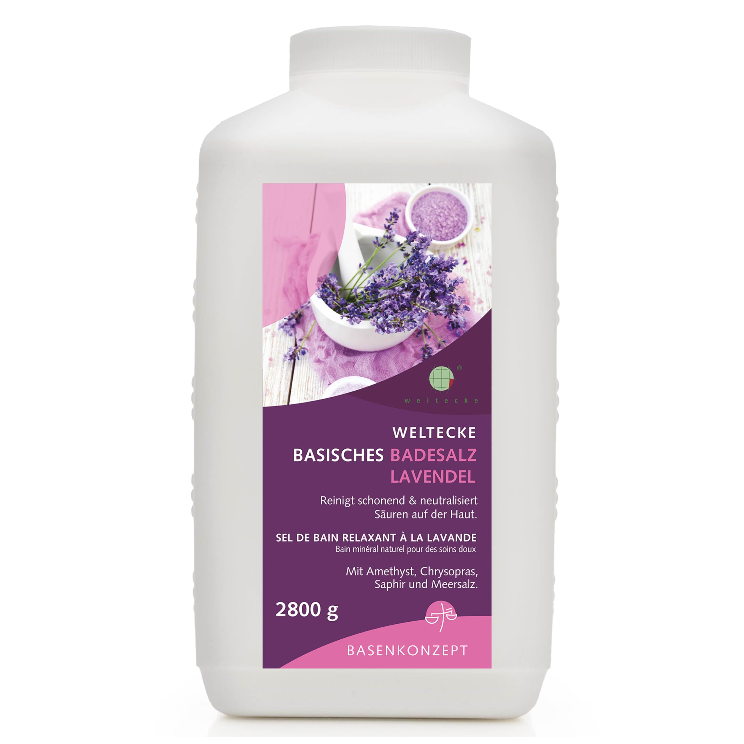 Weltecke Podstawowa sól do kąpieli lawendowa 2800 g | relaksująca kąpiel zasadowa o naturalnym zapachu lawendy | 100% wegańska | wellness dla skóry | wspomaga detoksykację i równowagę skóry | kąpiel