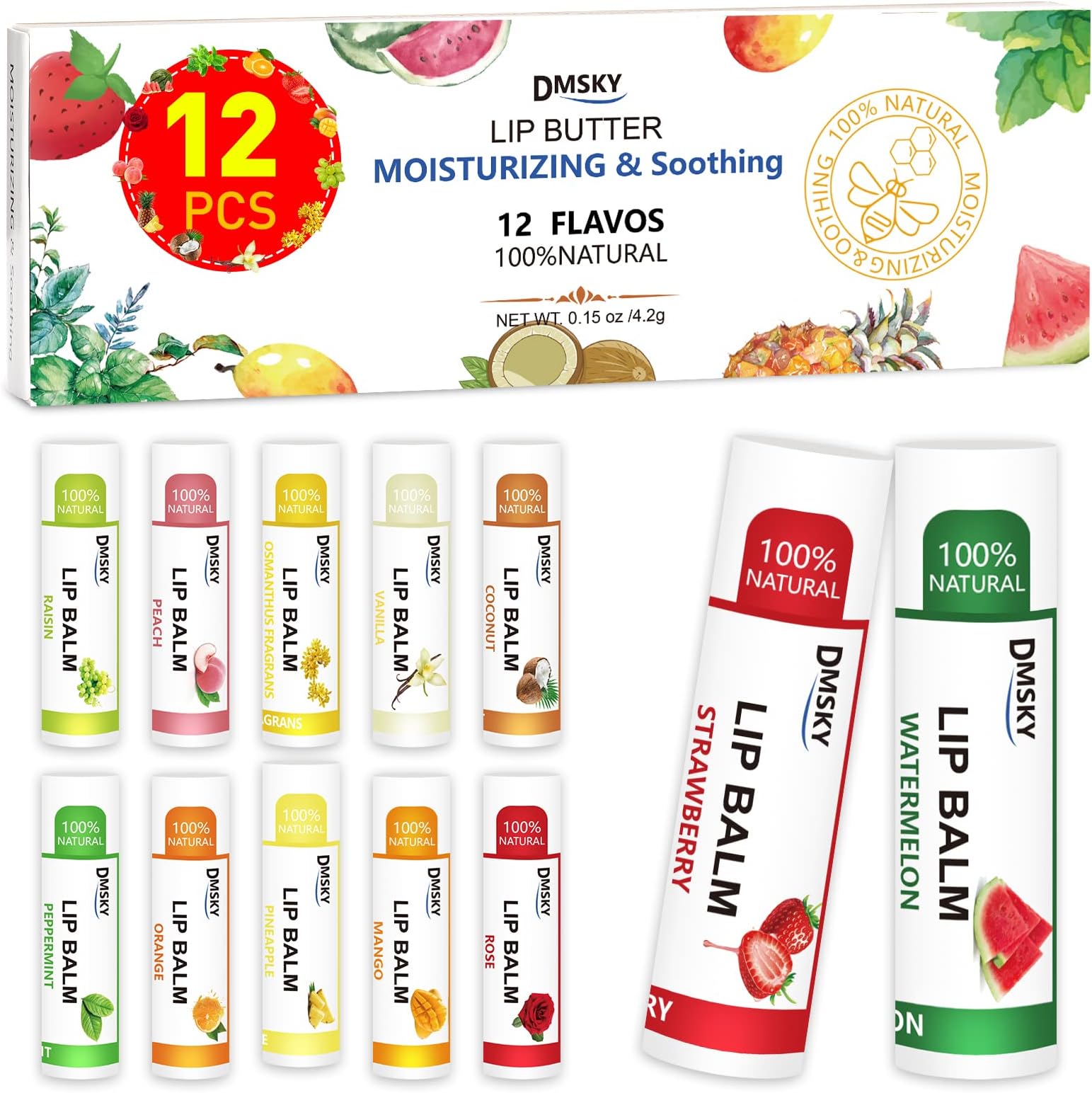 DMSKY 12 Pack Lip Balm, Natural Lip Balm Bulk with Vitamin E and Coconut Oil, Moisturizing Lip Care for Dry Chapped Lips, Party Favors-12 Flavors