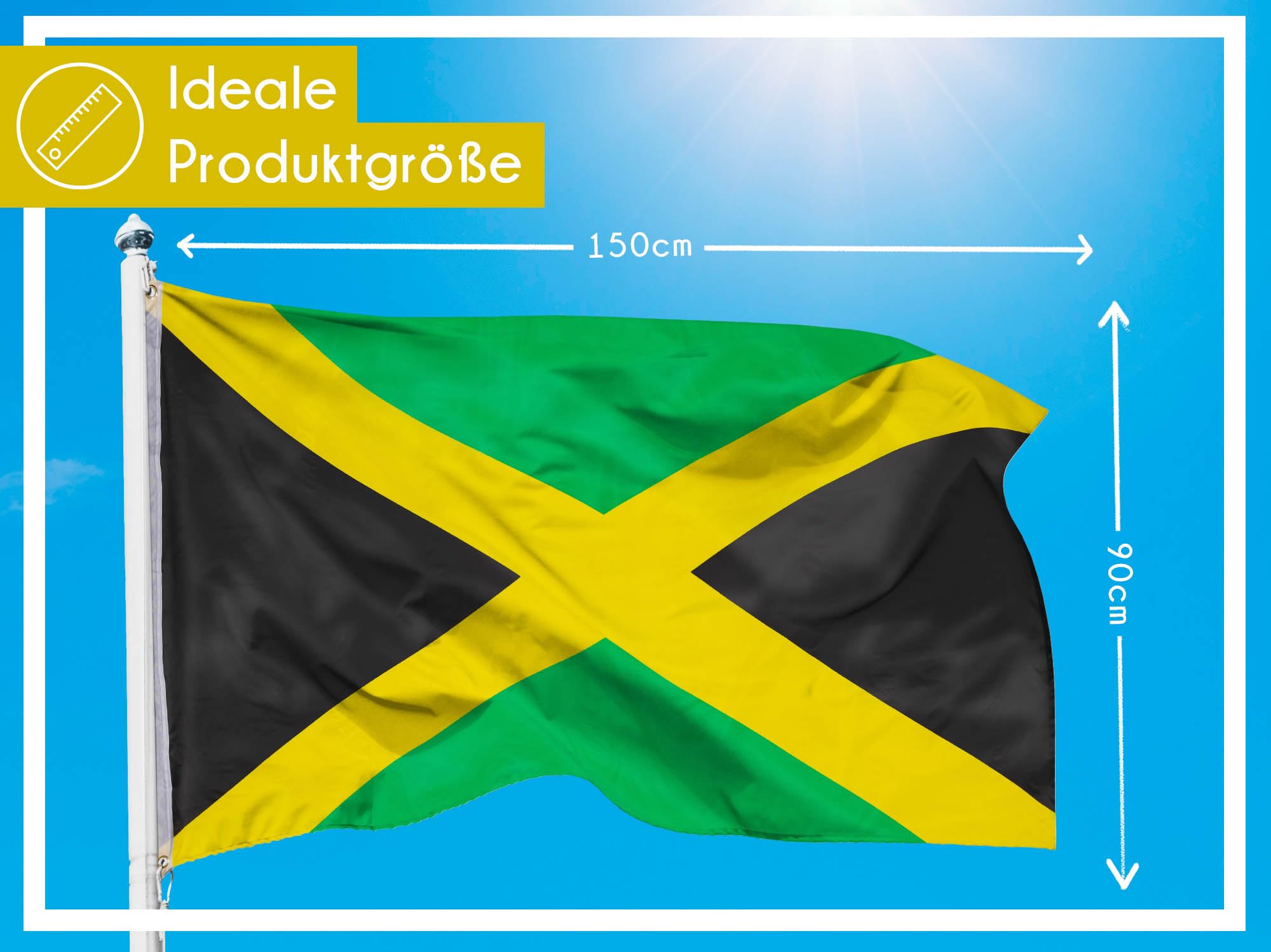 PHENO FLAGS Jamaica flag - Jamaican flag 90 x 150 cm with brass eyelets - durable flag for flagpole - 100% polyester - Image 3