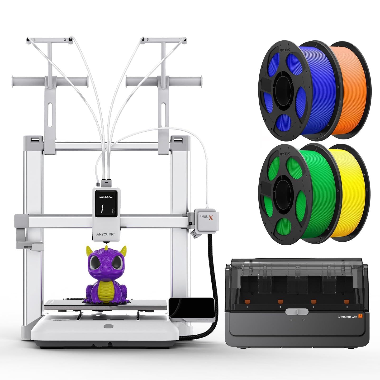 Anycubic Kobra X Combo Impresora 3D LeviQ 3.0 Automatic Leveling 300 °C Hotend Metálico y PLA Filamento 4KG con Carrete Desmontable Azul + Verde + Naranja + Amarillo