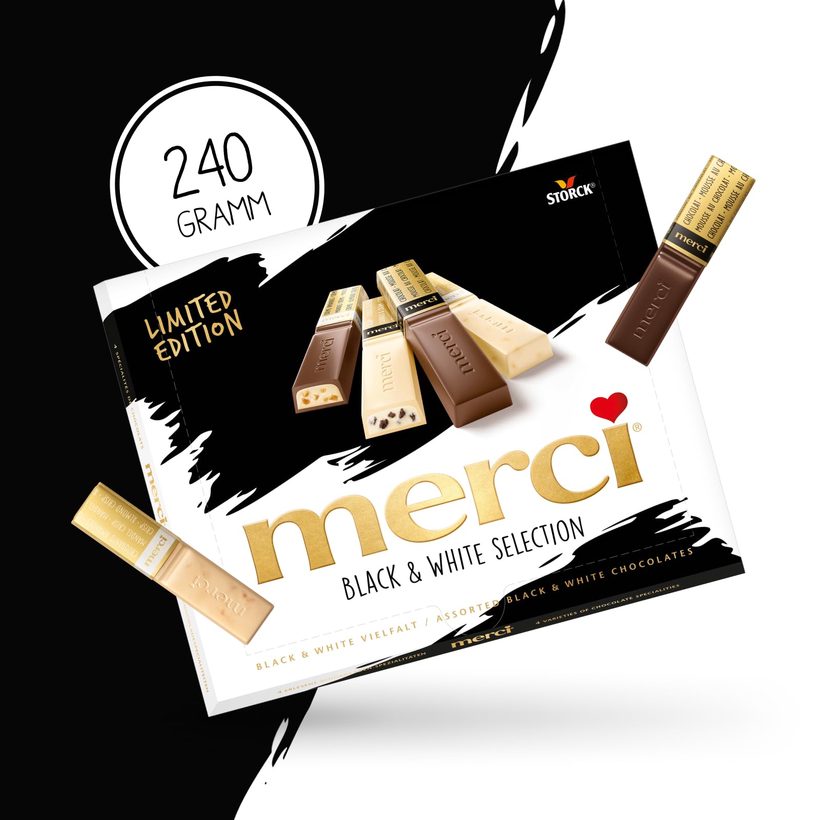 merci Finest Selection Black and White Vielfalt – 1 x 240 g – Erlesene Schokoladen-Spezialitäten – Gefüllte und nicht gefüllte Pralinen Limited Edition