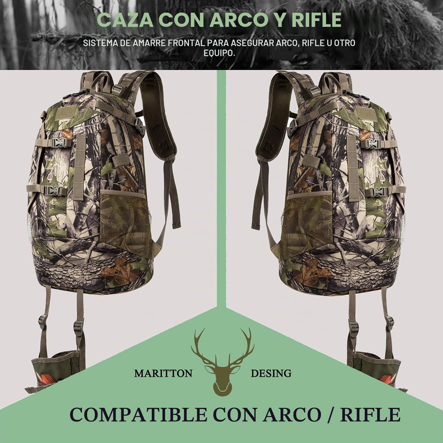 Mochila de caza resistente con sistema para transportar arco y rifle, ideal para acampada, caza y senderismo