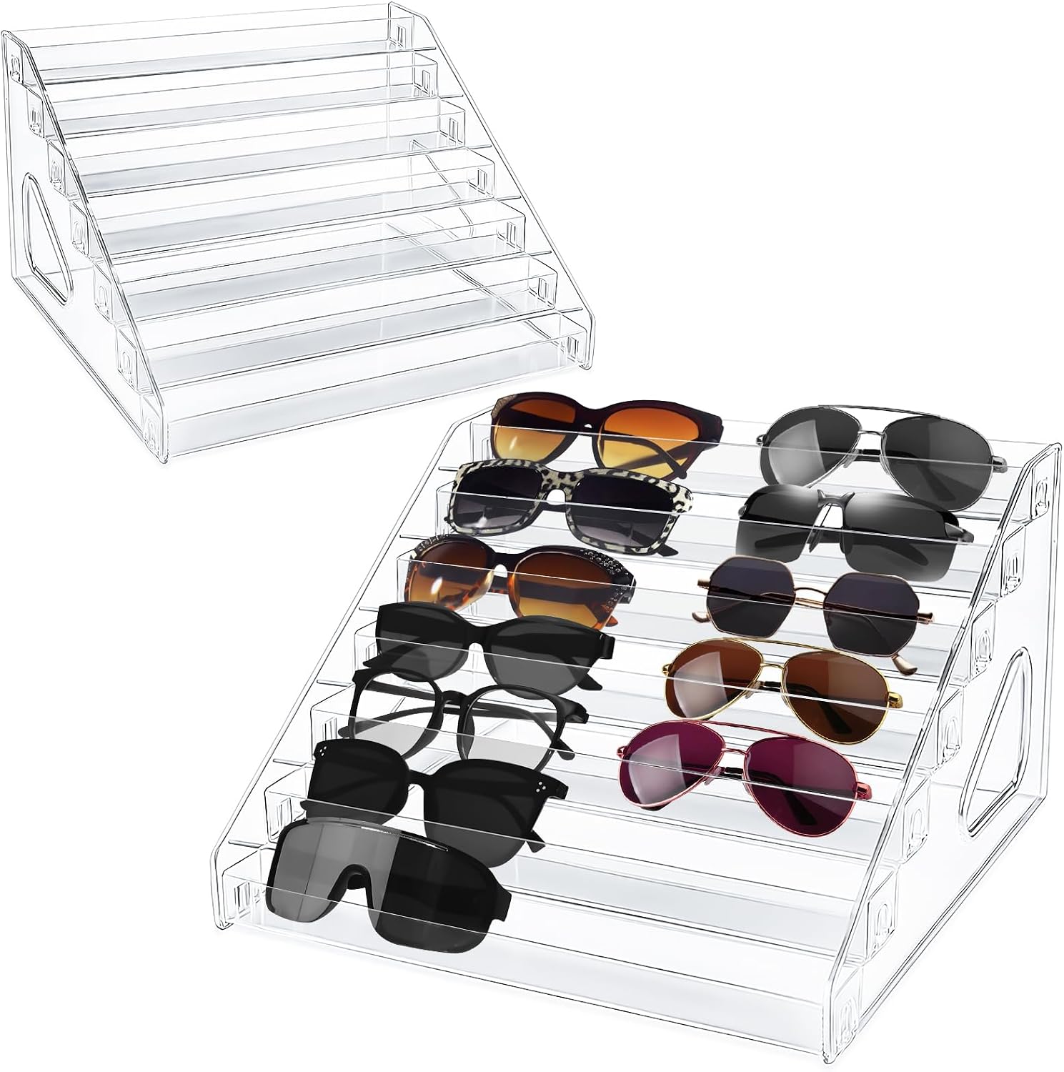 2 Pack 7 Tier Sunglass Organizer Stand, Clear Acrylic Sunglasses Organizer - Versatile Storage Tray for Eyeglasses, Sunglasses, Cosmetics, Cards & Nail Polish
