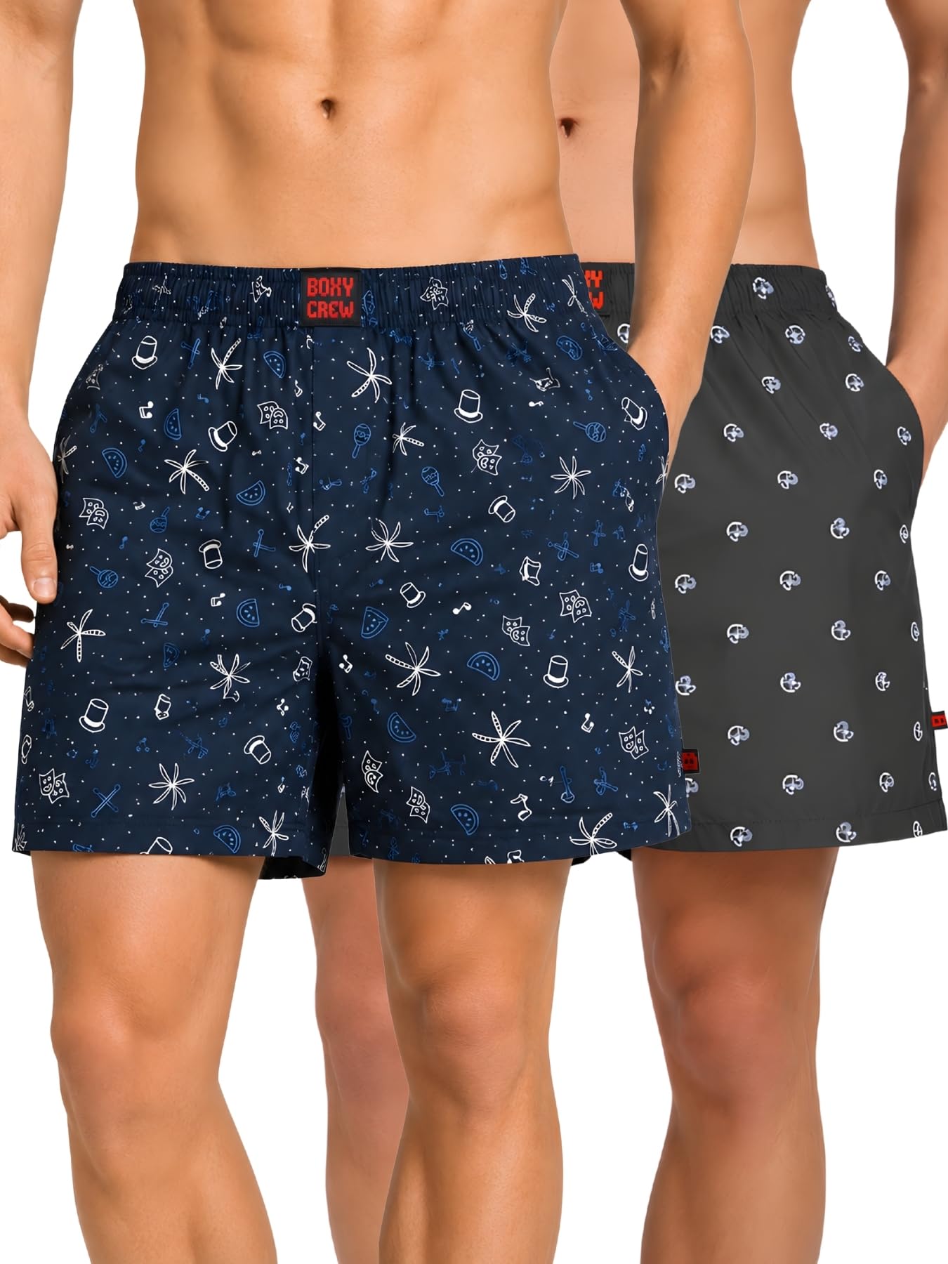 Men Boxer Shorts Pack of 2, 100% Cotton Woven Boxers, Blue Combo, Printed Designs, Dual Side Pockets, No-Marks Inner Elastic Waistband, Relaxed Fit Lounge & Sleep Shorts-image-45