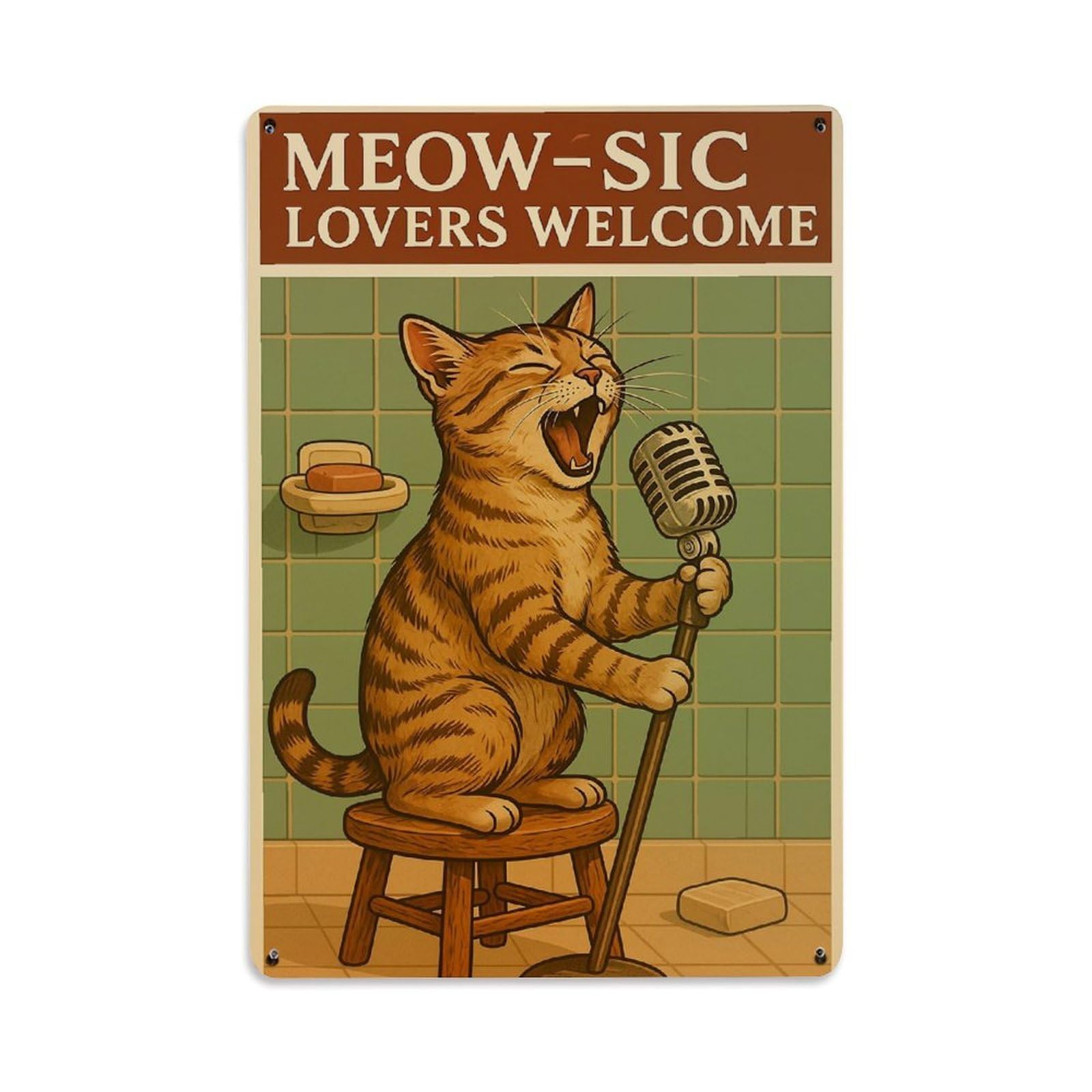 Cat Singing With Microphone On Stool Tin Sign Metal Poster Vintage Metal Signs for Home Man Cave Bar Cafe Kitchen laundry room Wall Decorations Gift 8x12Inch