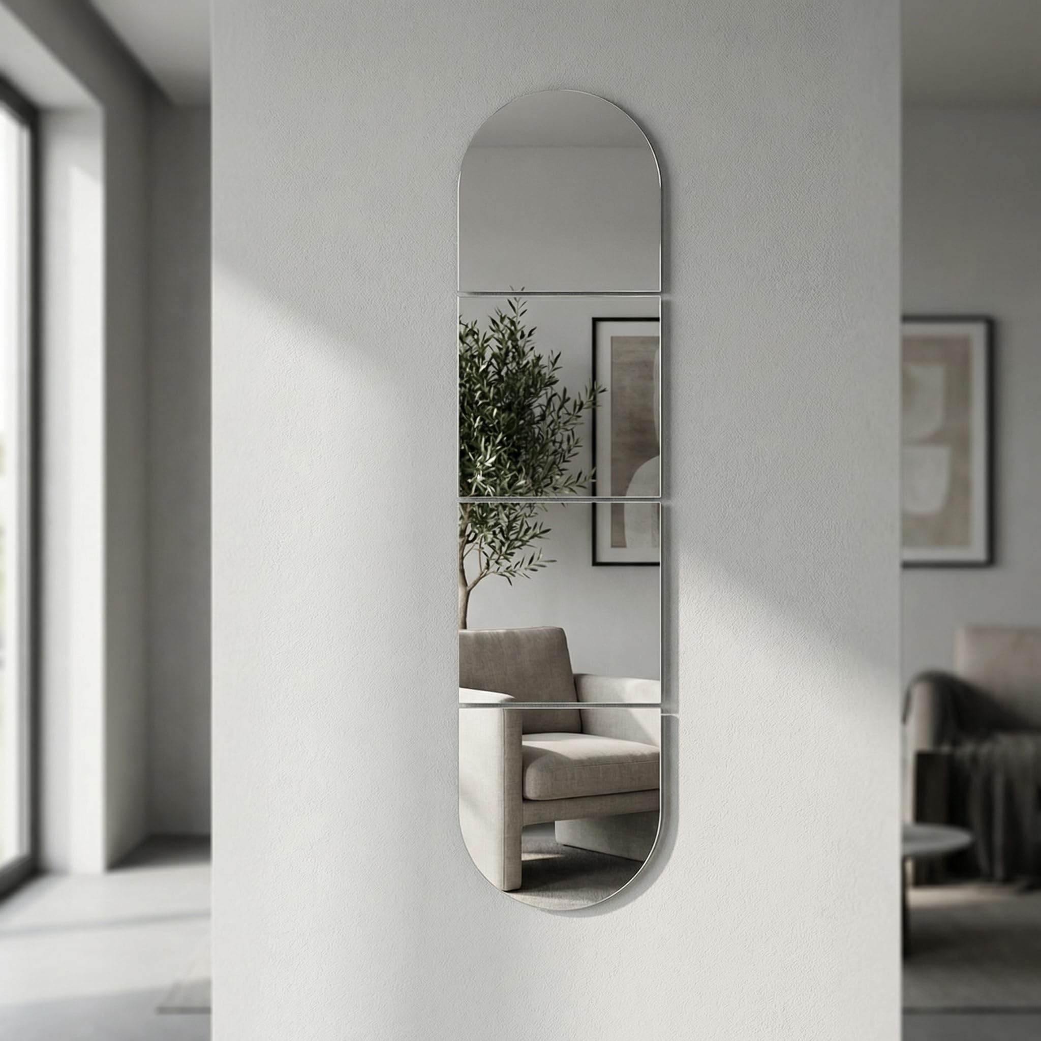 Shatterproof Acrylic Wall Mirror Tiles - Set of 4 Self Adhesive Decorative Mirrors for Home & Apartment Decor, 20x20cm Silver Modern Round/Square Wall Stickers (No Kids Design)