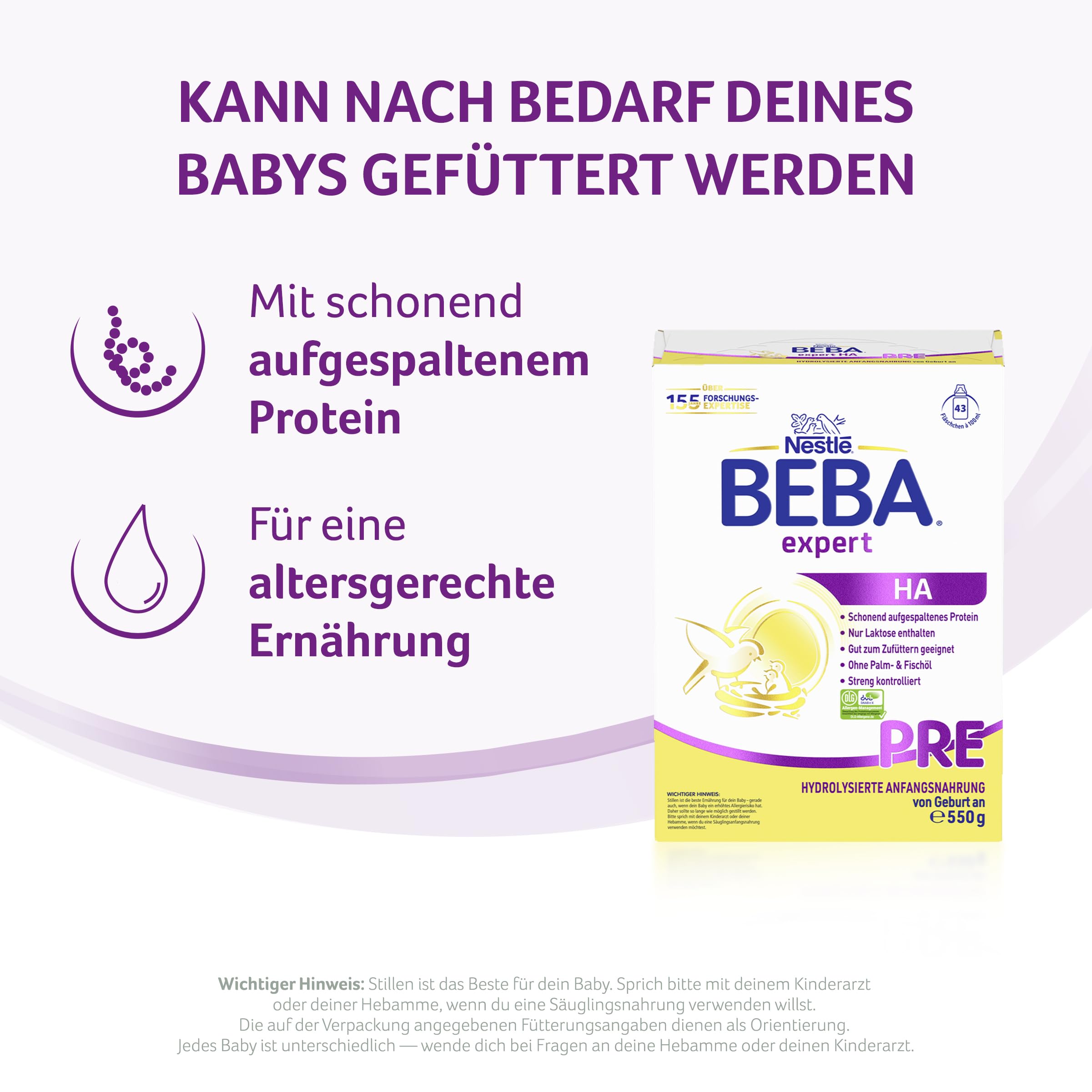 BEBA expert HA PRE - Hydrolysierte Anfangsnahrung, Anfangsmilch von Geburt an, Patentiertes Produkt, Ohne Palmöl, Ohne Fischöl, Babynahrung, Baby-Milchpulver, 6er Pack (6 x 550g)
