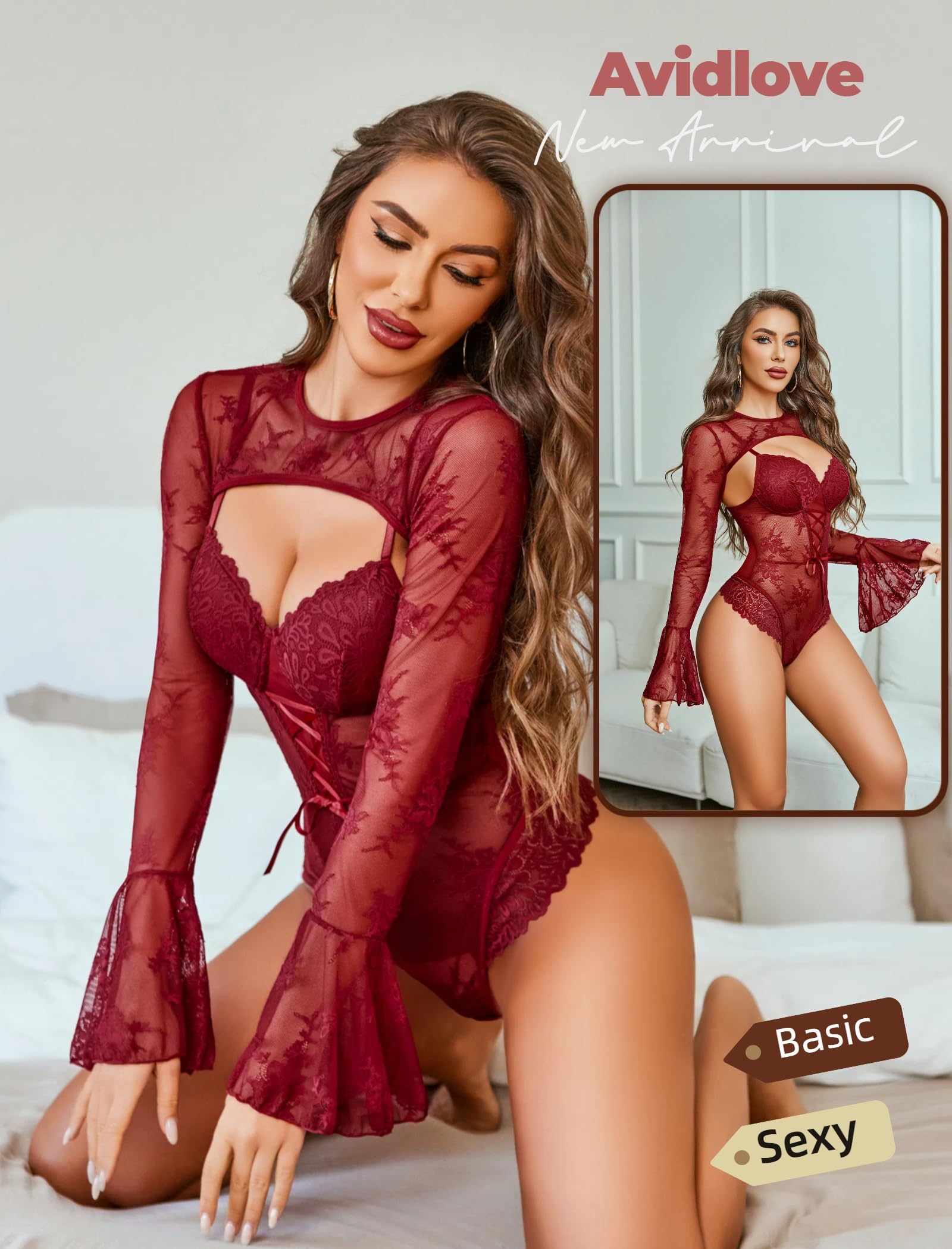 Avidlove Women Lace Bodysuit with Crop Top Sexy Going Out Bodysuit Floral Lace Lingerie Set Sexy Rave Outfits: C-wine Red Medium