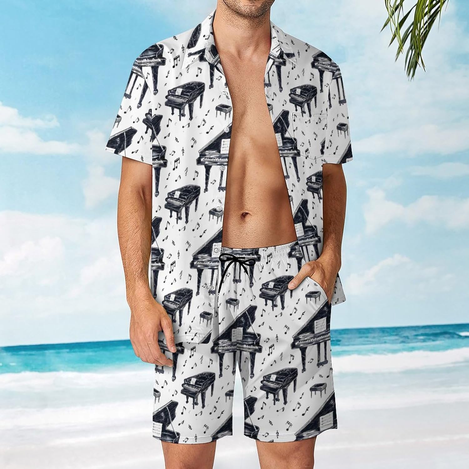 Music Instrument Piano Men's Summer Beach Outfits Shirt And Shorts Set 2 Piece Vacation Swimwear