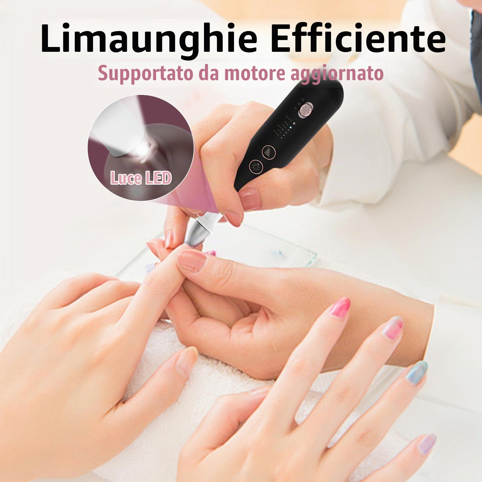Kit professionale per manicure e pedicure, 8 in 1, lima elettrica per unghie, set di lime per unghie a 5 velocità per unghie spesse e cuticole, buffer per rifinitore a LED per donne, uomini, bambini e
