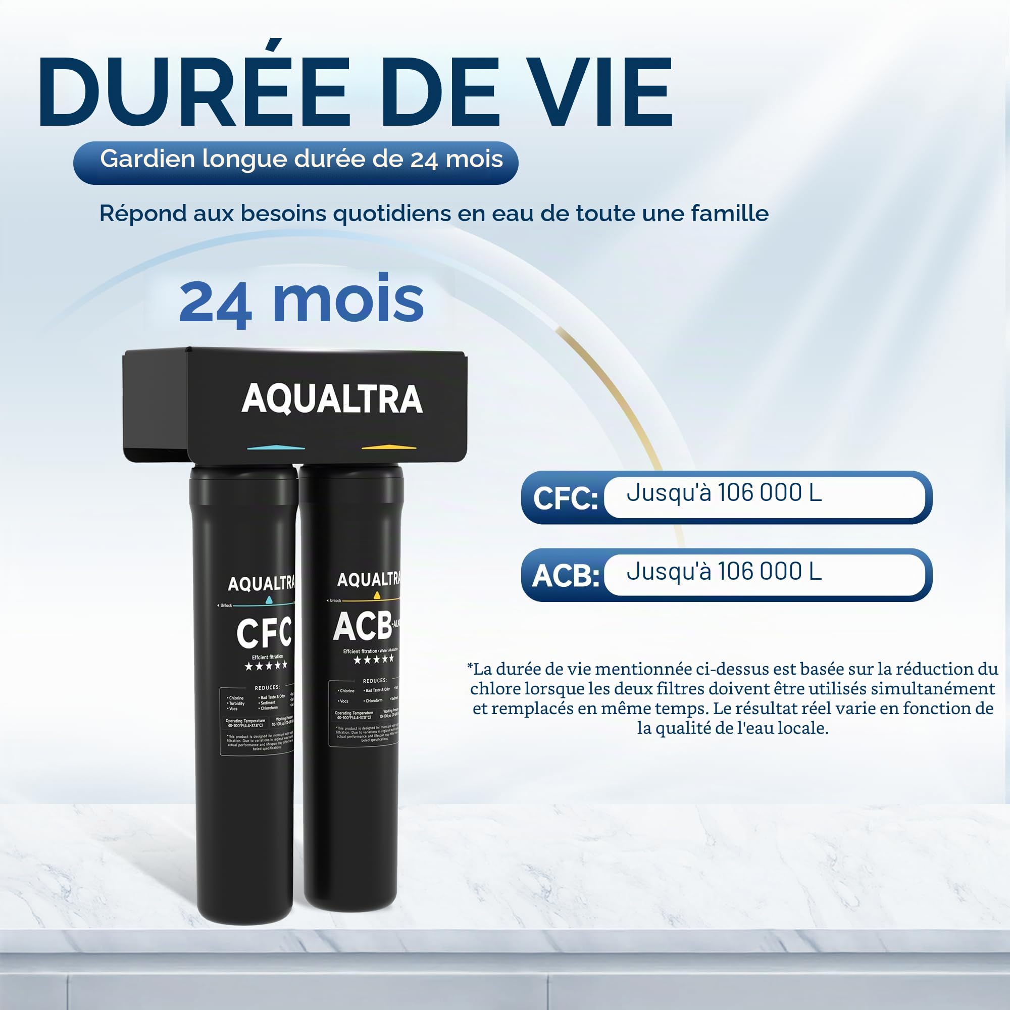 AQUALTRA USF-2B-15 Système de filtration sous évier légèrement alcalin, 106000L, réduit les PFOA, PFOS, chlore, plomb, mercure, chloramine, fluorure,particules de microplastiques,mauvais goût et odeur