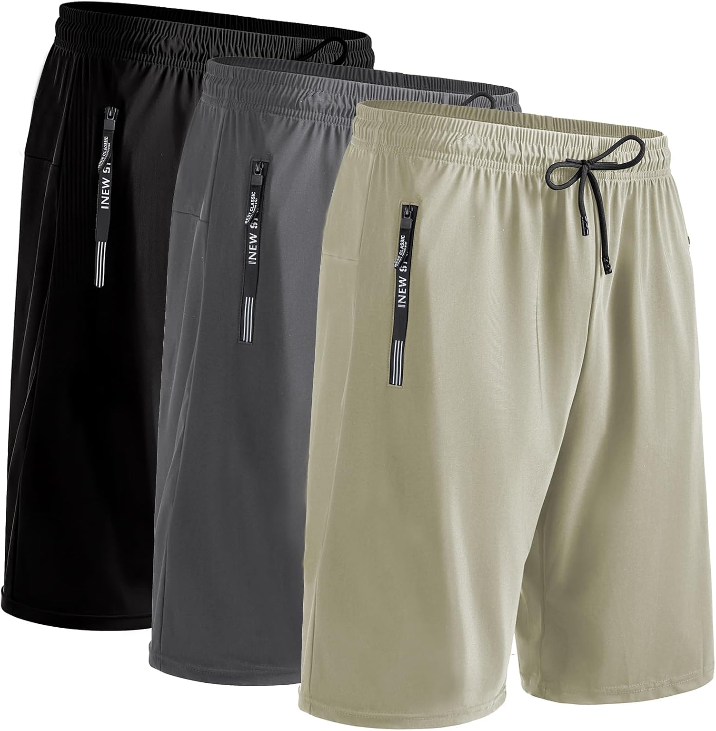 9" Mens Athletic Shorts with Zipper Pockets, 3 Pack Quick Dry Workout Gym Drawstring Running Shorts for Men