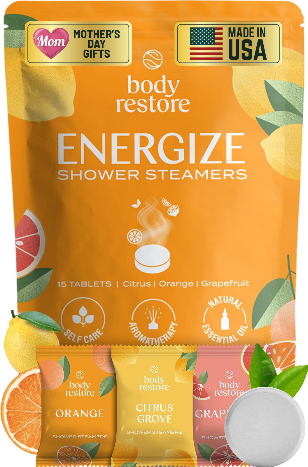 Body Restore Shower Steamers Aromatherapy 15 Pack – Mothers Day Gifts for Mom, Birthday Gifts for Women, Relaxation Stress Relief Self Care – Premium Citrus Essential Oil Tablets