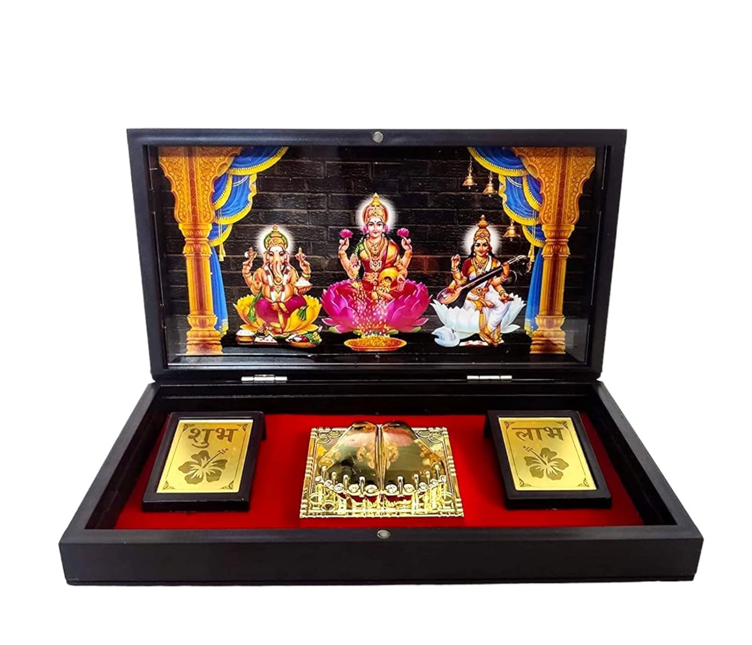 Premium Golden Charan Paduka in Decorative Rectangular Box – Spiritual, Office Desk, Corporate Gifting & Festive Occasions (Laxmi Ganesh Saraswati Ji)-image-2