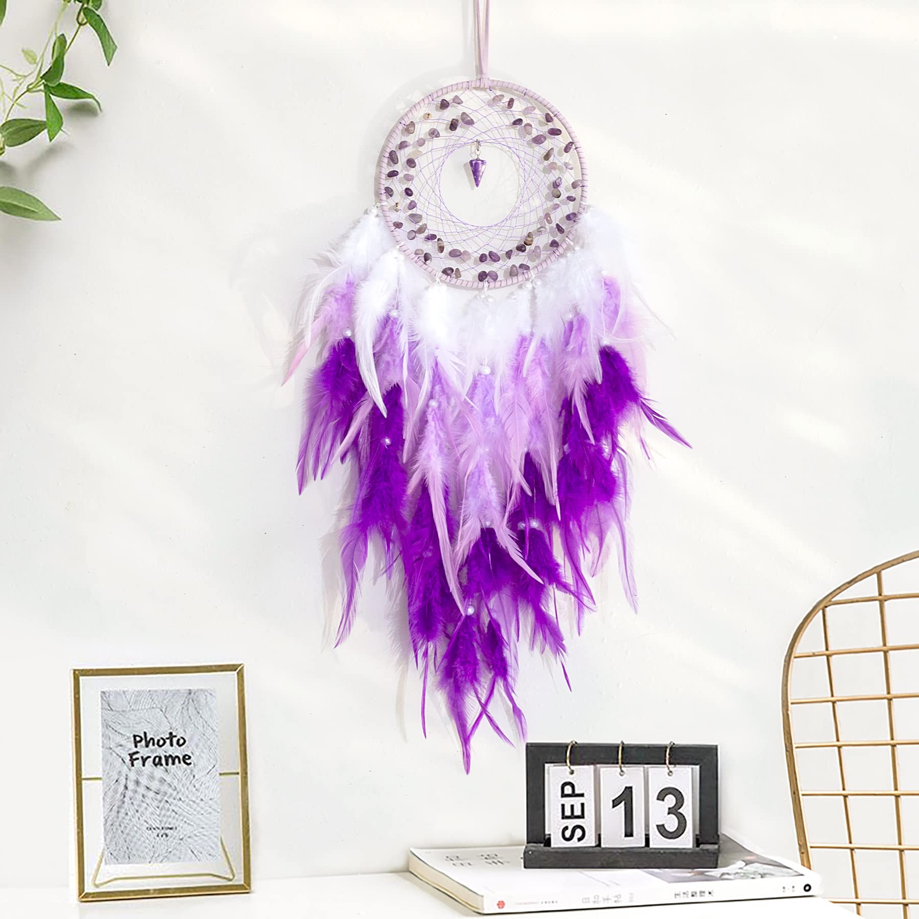 Purple Dream Catchers, Handmade Traditional Circular Net with Lucky Crystal Stones, Perfect Wall Hanging for Home Decor, Girl’s Bedroom, Art Ornament