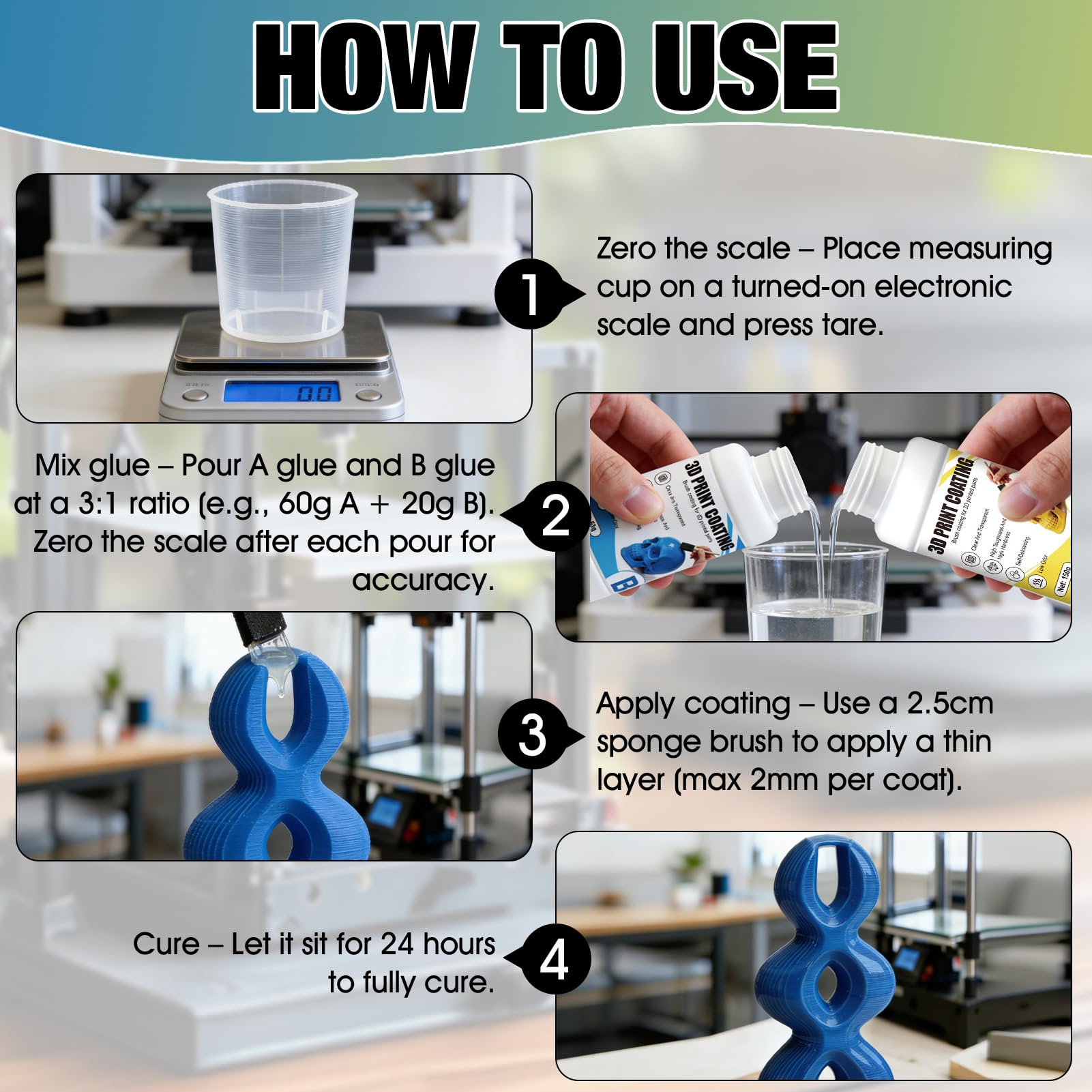 Coating 3d-Print Coating, Resina Epossidica Trasparente, 3d finish resin per Levigatura e Rifinitura di Stampe 3d Produce una Finitura Liscia e Lucida, 150G+50G