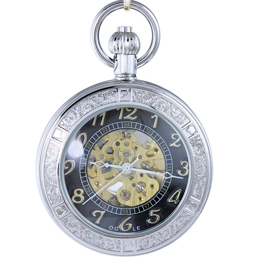 OGLE Waterproof Magnifier Skeleton Chain Silver Luminous Fob Self Winding Automatic Mechanical Pocket Watch