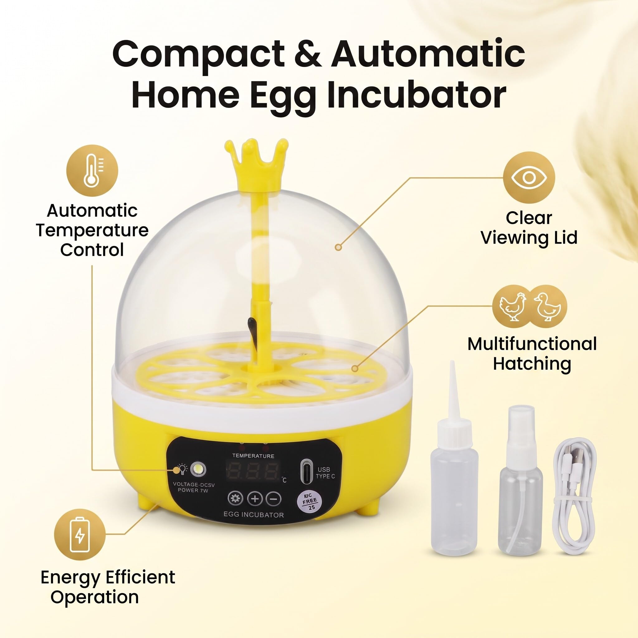 Zerodis Mini Incubatrice per Uova, Materiale ABS, Controllo Automatico della Temperatura, Macchina da Cova per Uova di Gallina e Anatra, 7 Watt, Ideale per Uso Domestico (Tornitura manuale)