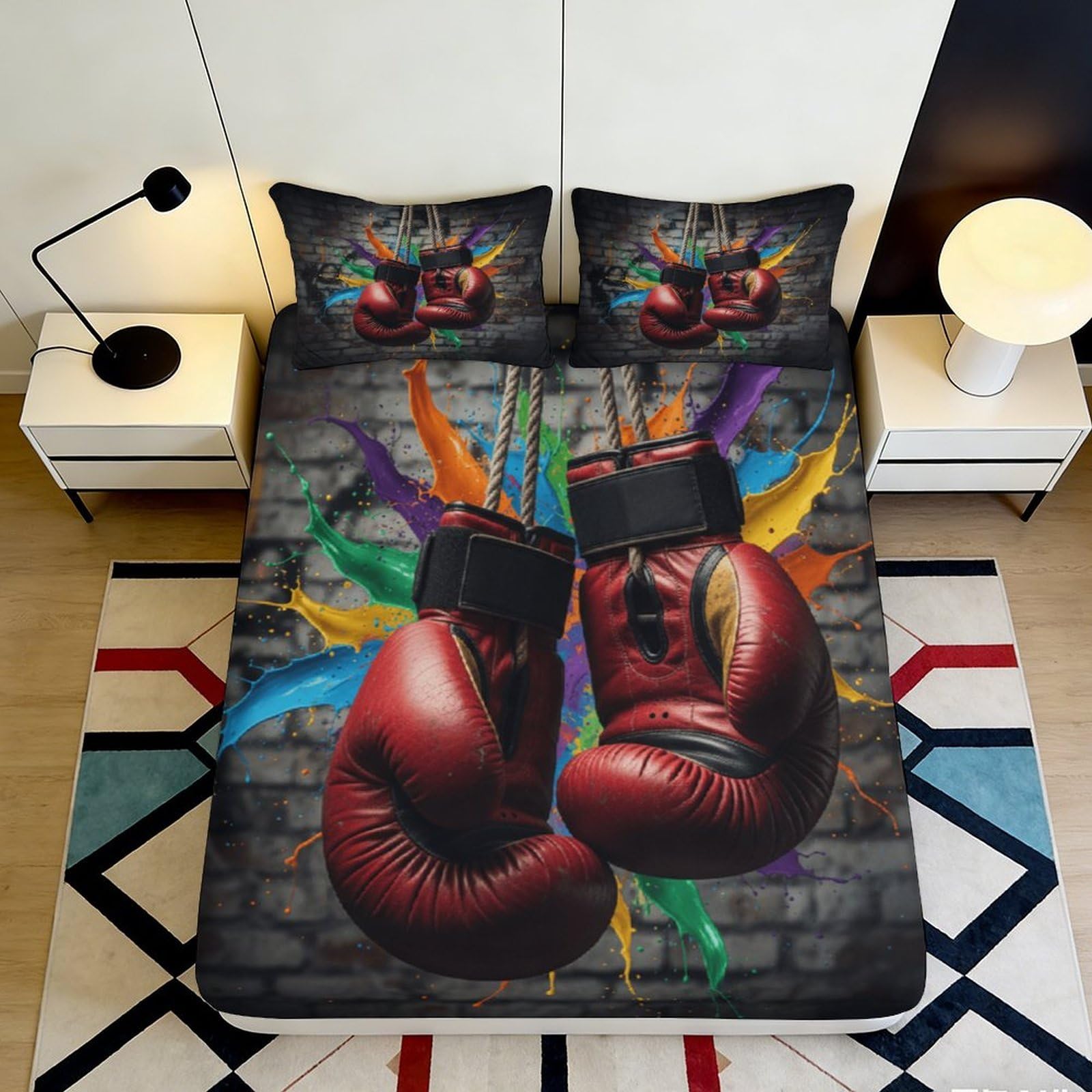 Qjzxknhpgr Style-5 3D Printed Boxing Gloves Fitted Sheet Microfiber Colourful Graffiti Bed Cover For Bedroom Dorm Mattress Protection Decor 90X200x25cm