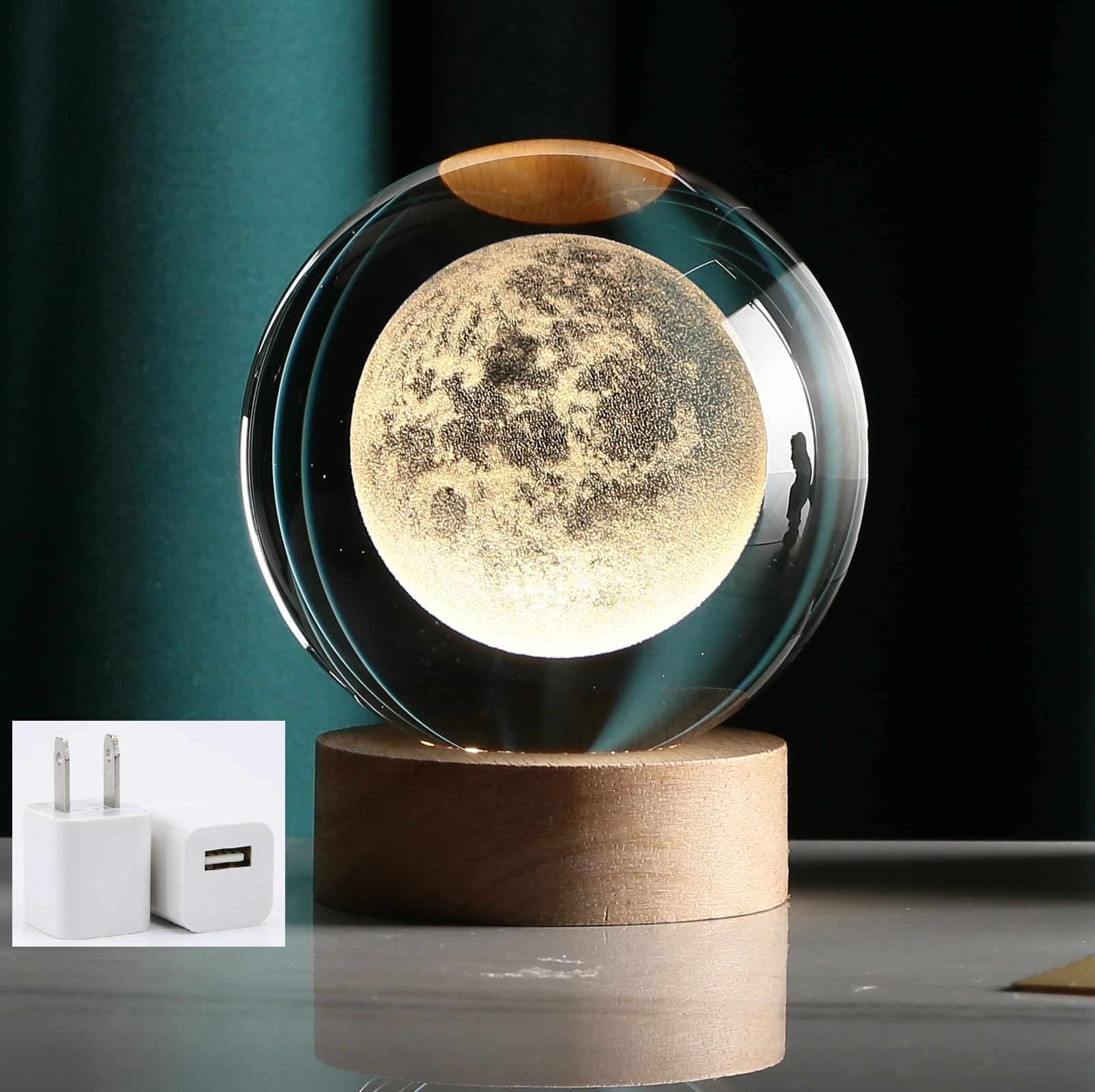 YUANHEN 3D Moon Crystal Ball Night Lamp Warm Light - Compact USB