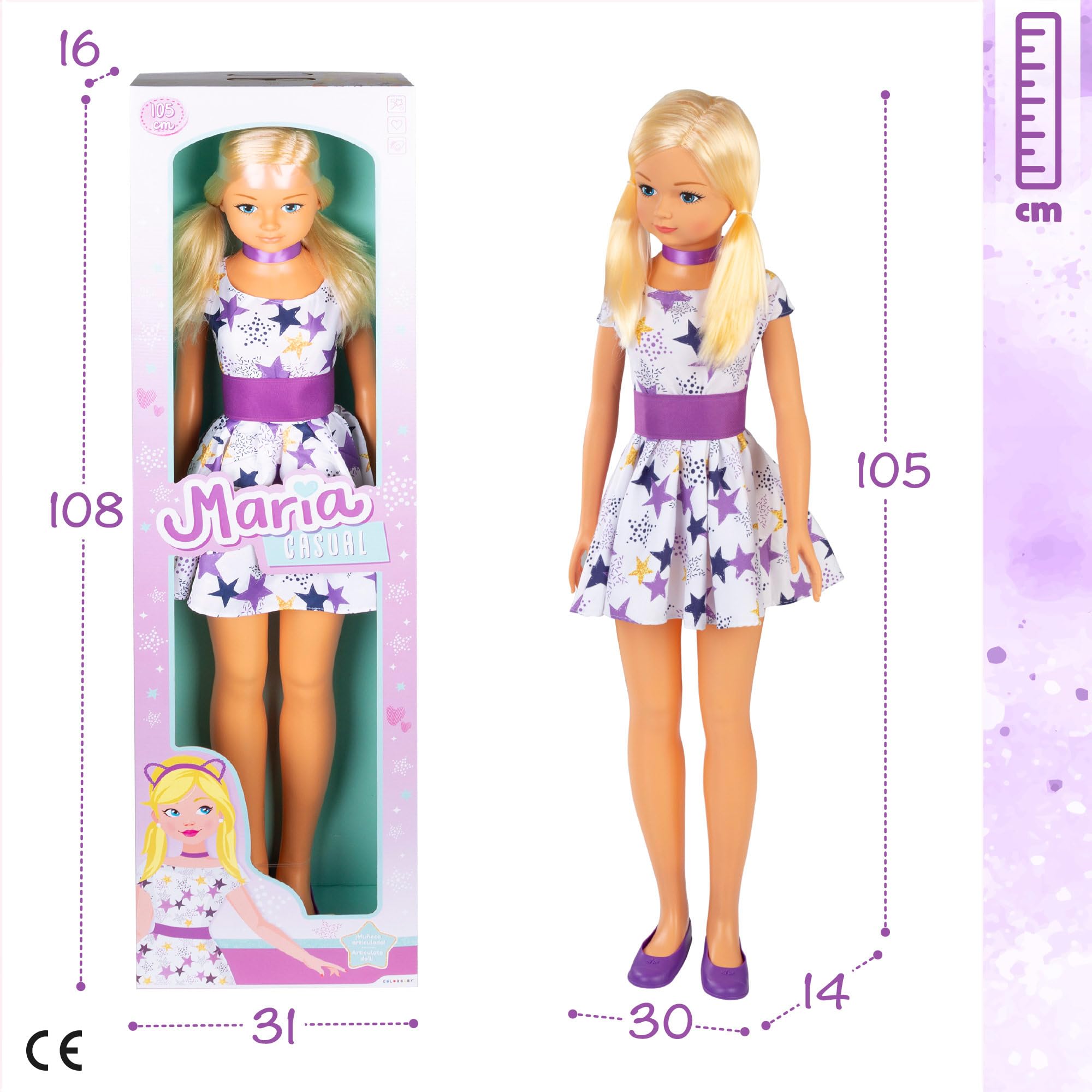 ColorBaby - Duża lalka 105 cm Maria, lalki zabawkowe, 3 lata, zabawki dla dzieci, długie włosy przegubowe lalki do stylizacji (44869)