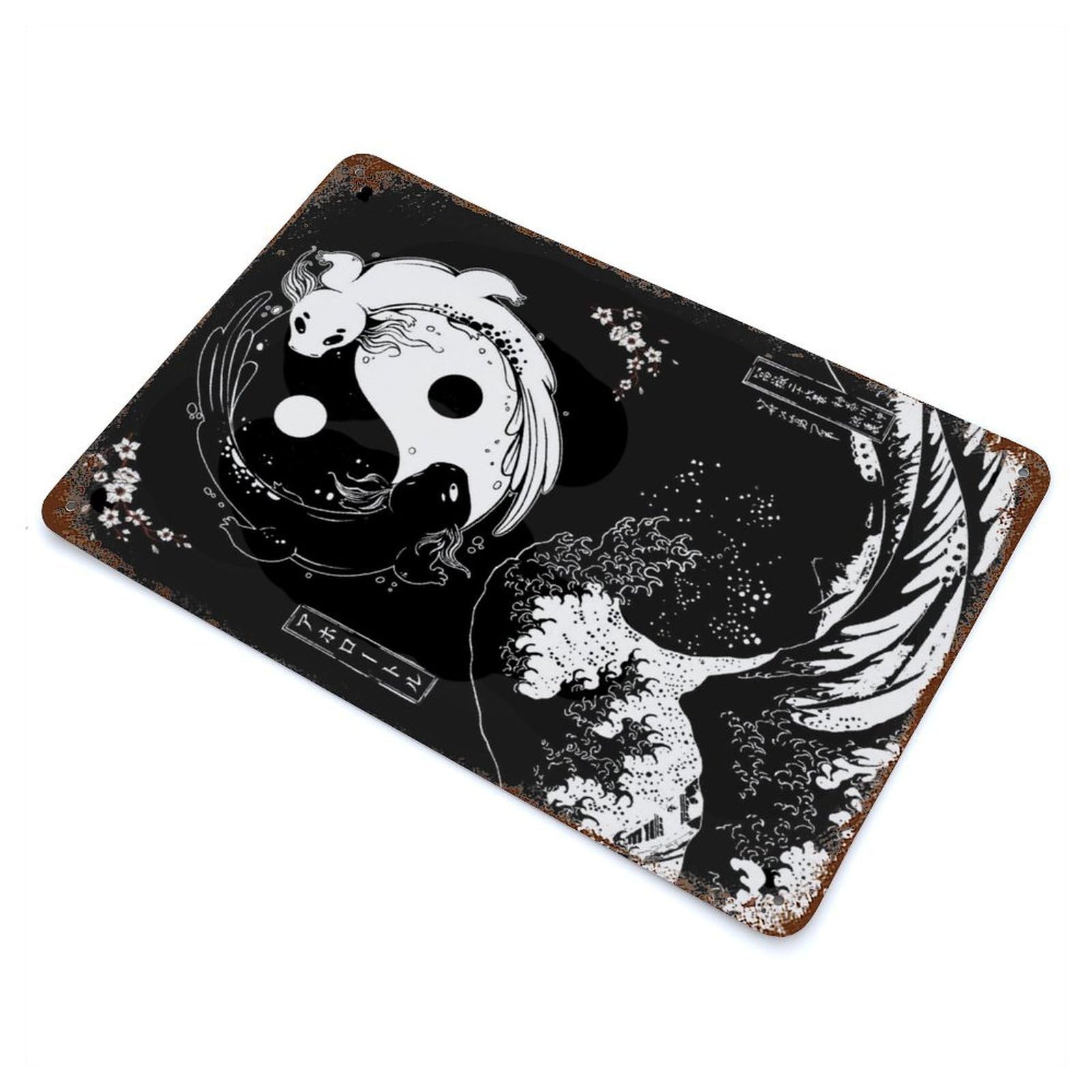 Vintage Rust Metal Sign with Yin And Yang Axolotl Wave Design 11.8"x7.9", for Garage, Bar And Workshop Decor, Retro Wall Decor