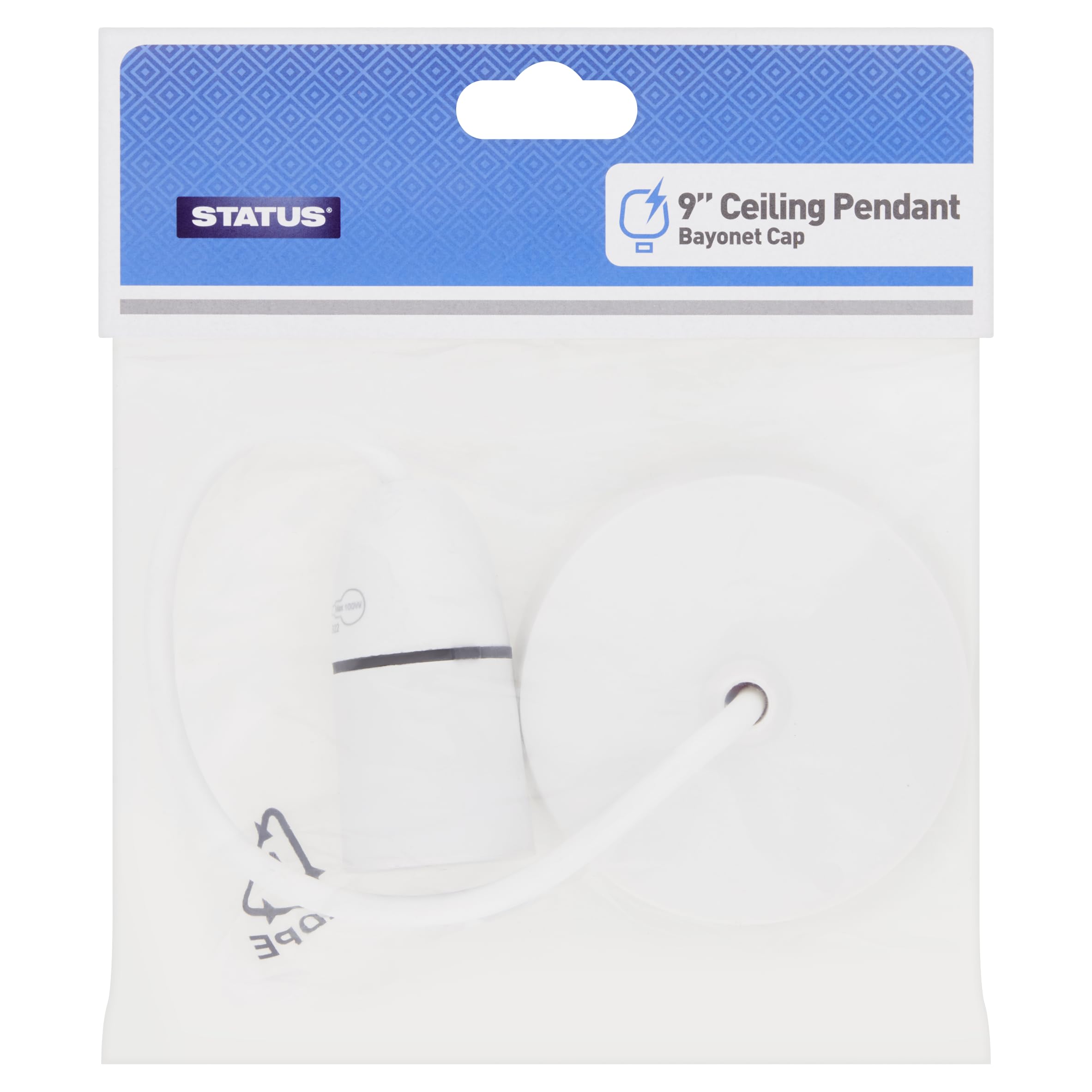 Status Ceiling Pendant Light Fitting, 9-Inch White Bayonet Pendant for Ceiling, Pre‑Wired with Cord Grip, Indoor Lighting Fixture, S9INCPB4