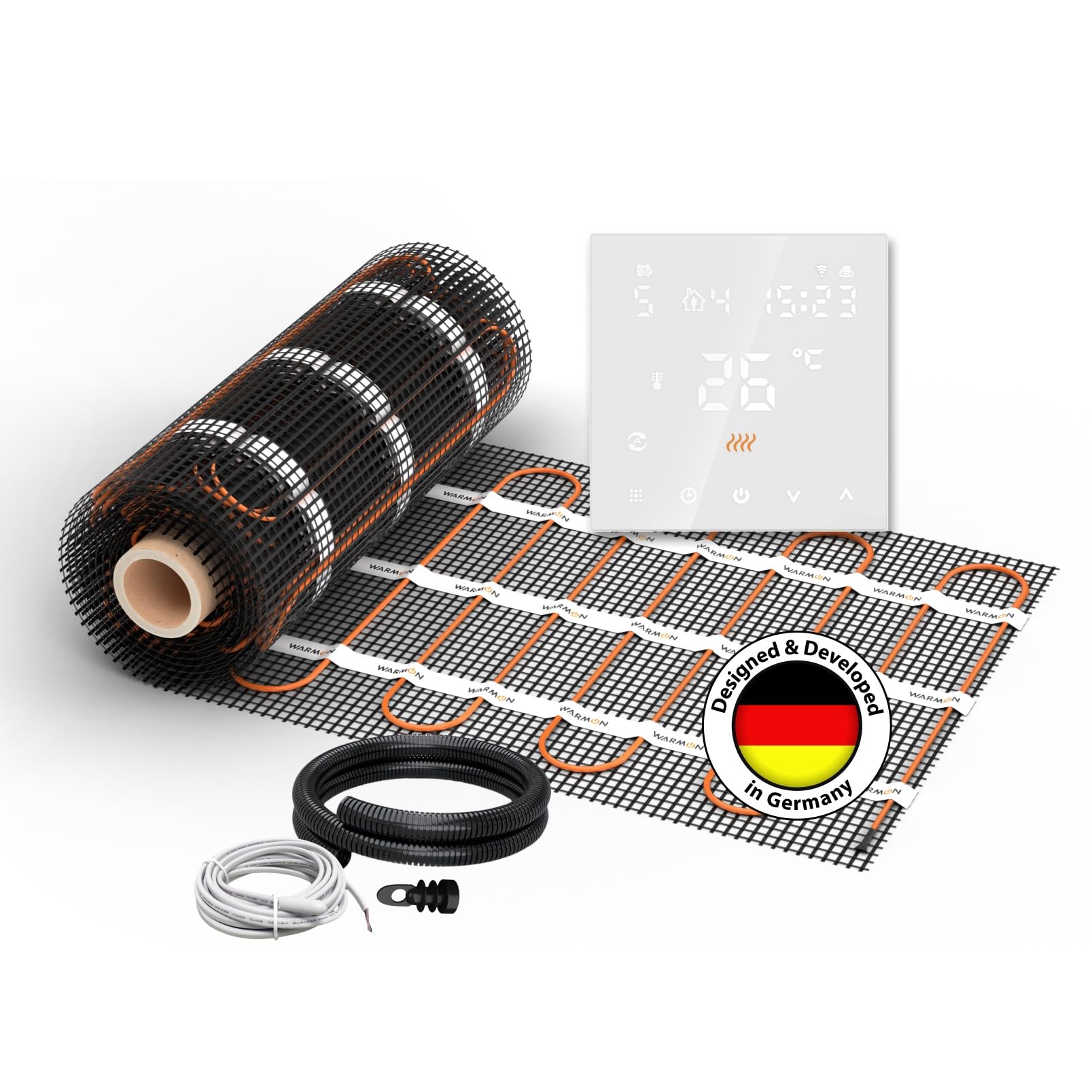 Elektrische Fußbodenheizung für Fliesen: Heizmatte WARMON CLASSIC LIGHT 100 W/m² inkl. digital Thermostat TS 300-Serie, Thermostat:TS 300 Non WiFi Weiß, Mattengröße:2 m²