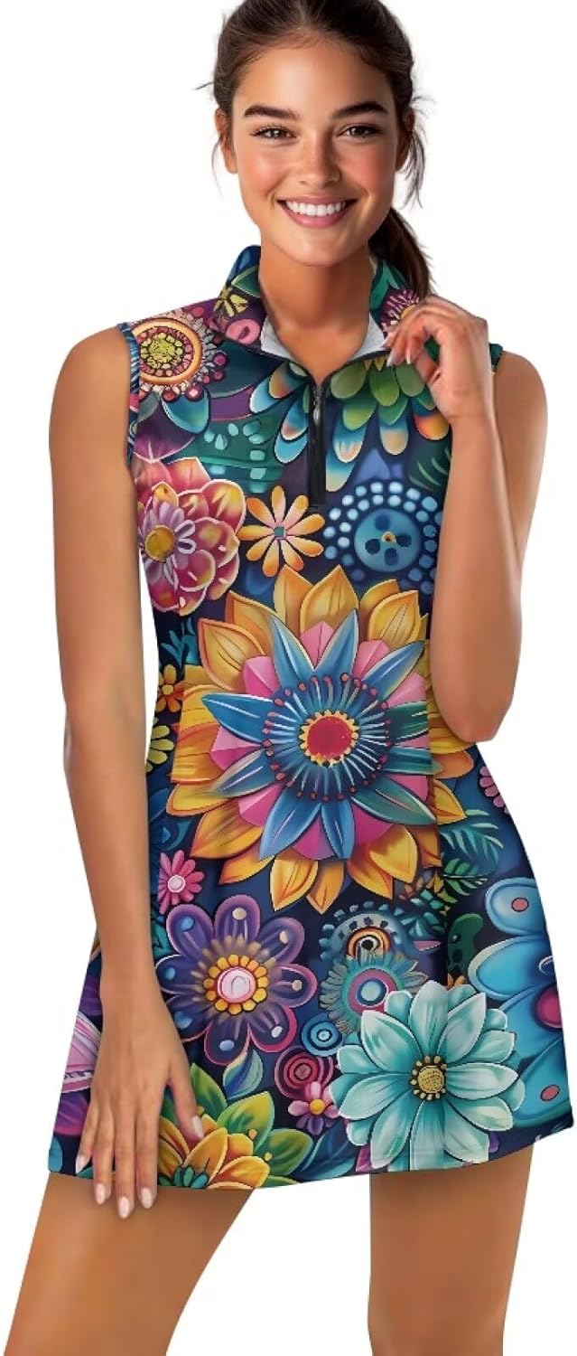 Womens Golf Clothes Stretchy Breathable Sleeveless Athletic Sports Workout Dresses with Shorts Lightweight Zip Up