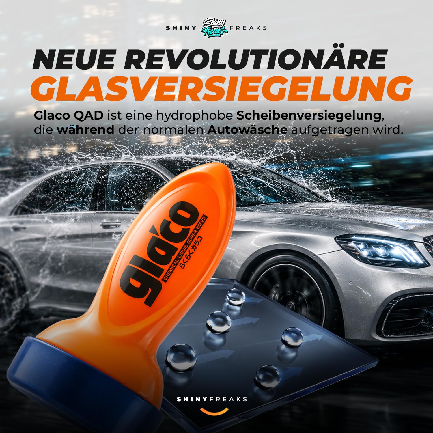 Glasversiegelung Set: Soft99 Glaco QAD (120ml) Scheibenversiegelung Auto + QJUTSU Creamy Shampoo (750ml) + Autoschwamm - Regenabweiser für verbesserte Sicht bei Regen | 3-teilig
