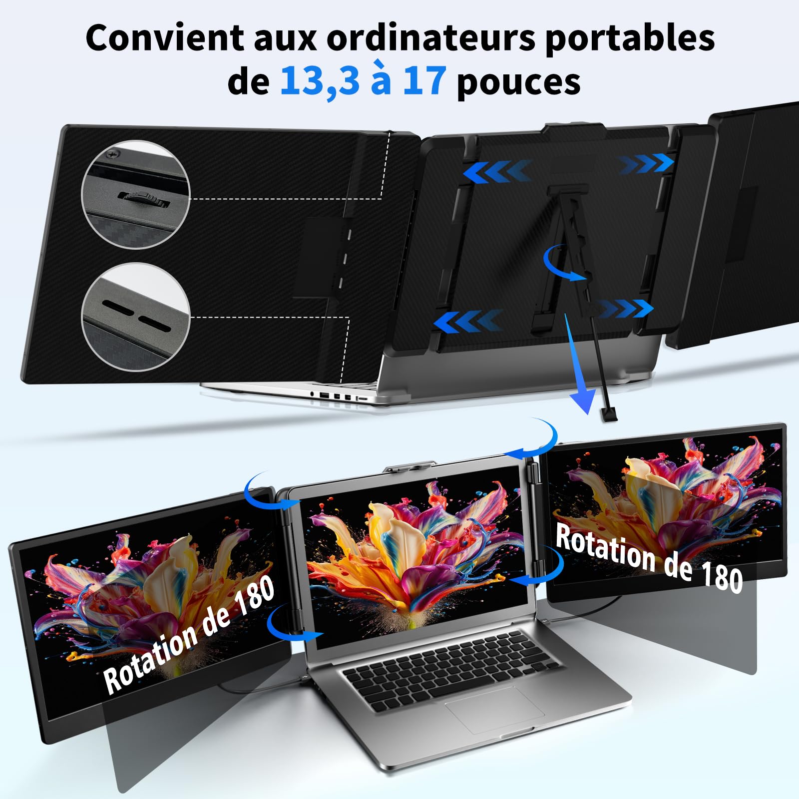 Double Ecran PC Portable 14" FHD 1080P IPS Moniteur Portable Extension pour 13,3-17" Ordinateur Portable Compatible Windows Chrome Linux