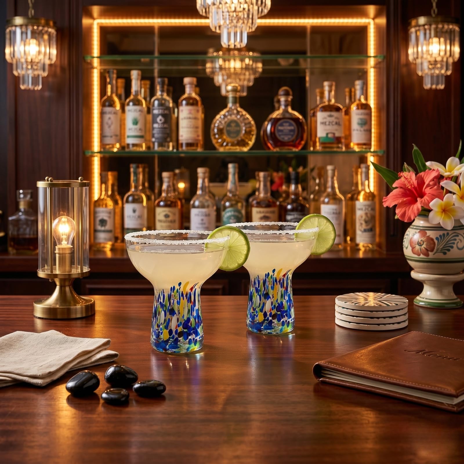 Large Stemless Margarita Glasses Set of 2-14oz Luxury Hand Blown Confetti Margaritas, Martini, Cocktails, Water, Wine, Dessert & Champagne Glasses Cinco de Mayo