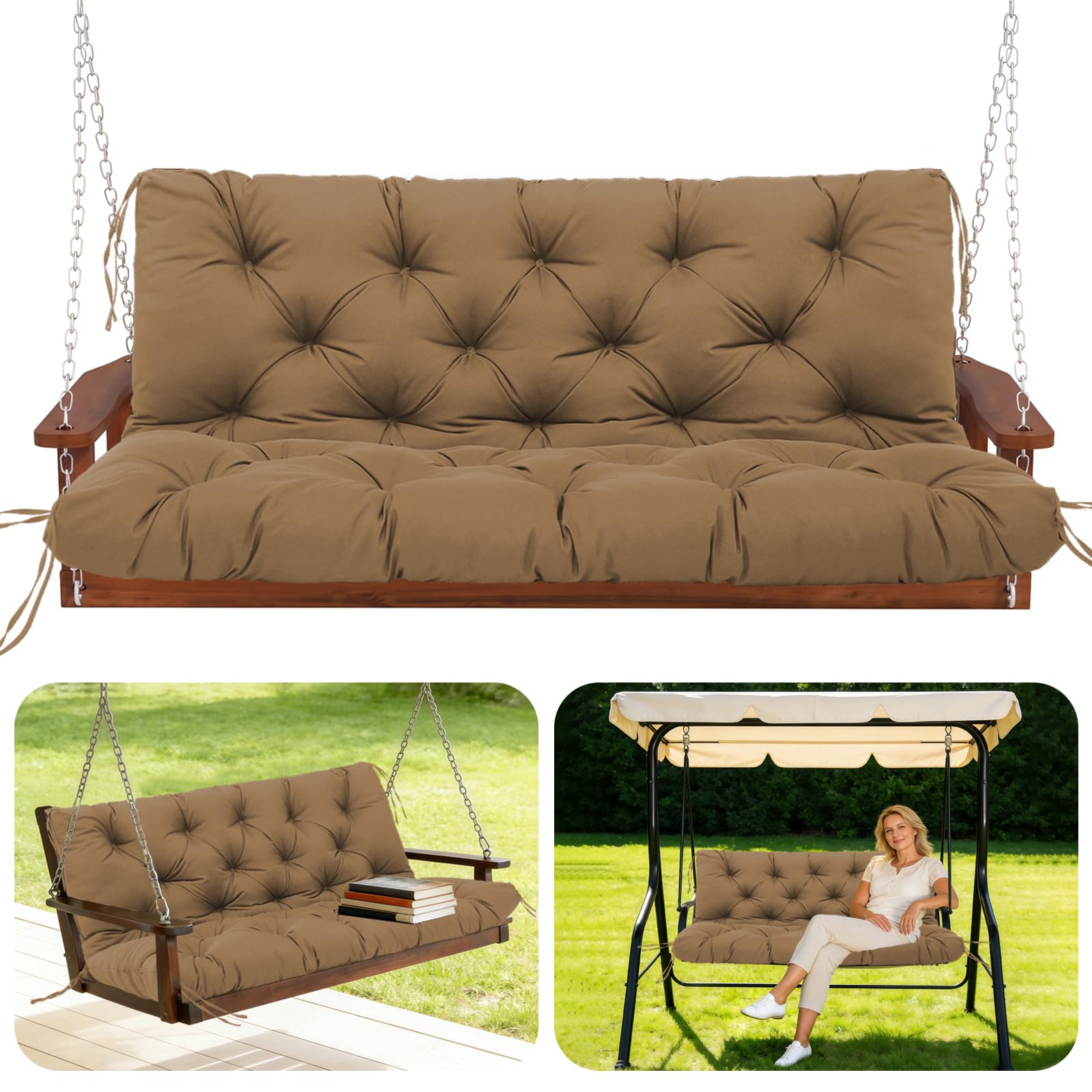 GHDM Garden Bench Cushion Thick 12cm Swing Cushions 2 Seater with Backrest and Tie 100cm Waterproof Swing Seat Cushions Replacement for Outdoor Furniture Patio Porch Lawn Backyard(Brown)