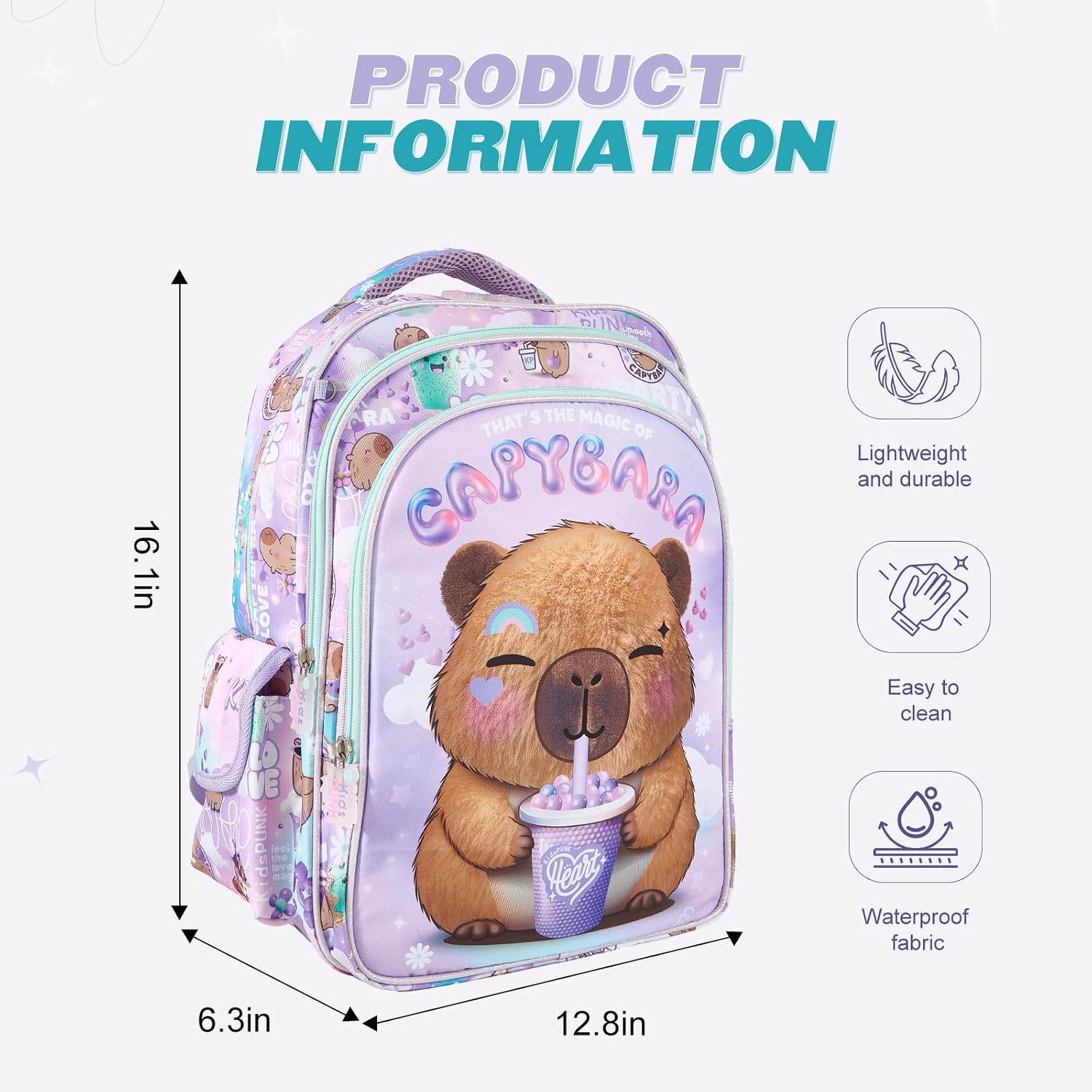 KidsPUNK Girls Backpack Kids Backpacks for Girls Cute Capybara Backpack Kawaii Backpack for Preschool Elementary Kindergarten,Light Purple Color,Large Capacity,16 Inch