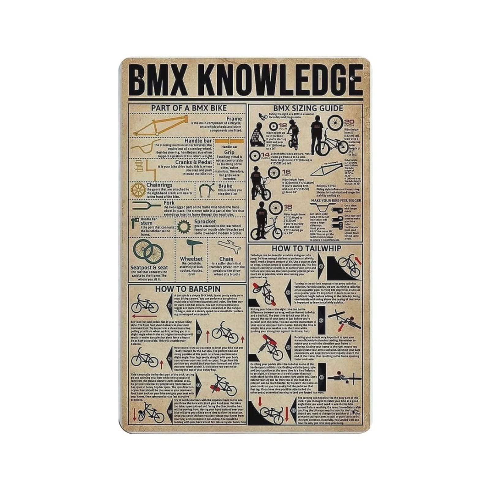 rayprint Bmx Knowledge Poster Metal Tin Sign Art Wall Plaque Decor Vintage Retro Sign Iron Painting Aluminum Sign for Home Decor Bar Shop Men Cave Outdoor Garage Indoor 12"x8"