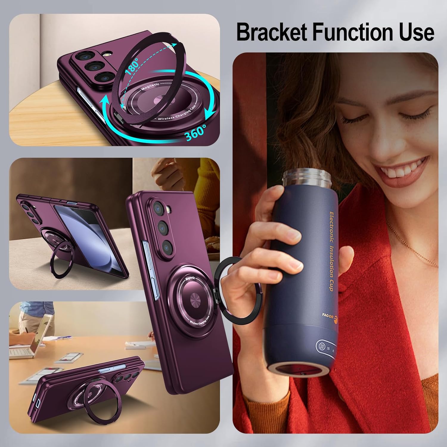 Magnetic Case for Galaxy Z Fold 4 with Rotatable Stand, Matte PC Case for Women Men Girls Boys Drop Protection Shockproof Slim Fit Durable Cover for Galaxy Z Fold 4, Deep Purple 13.29