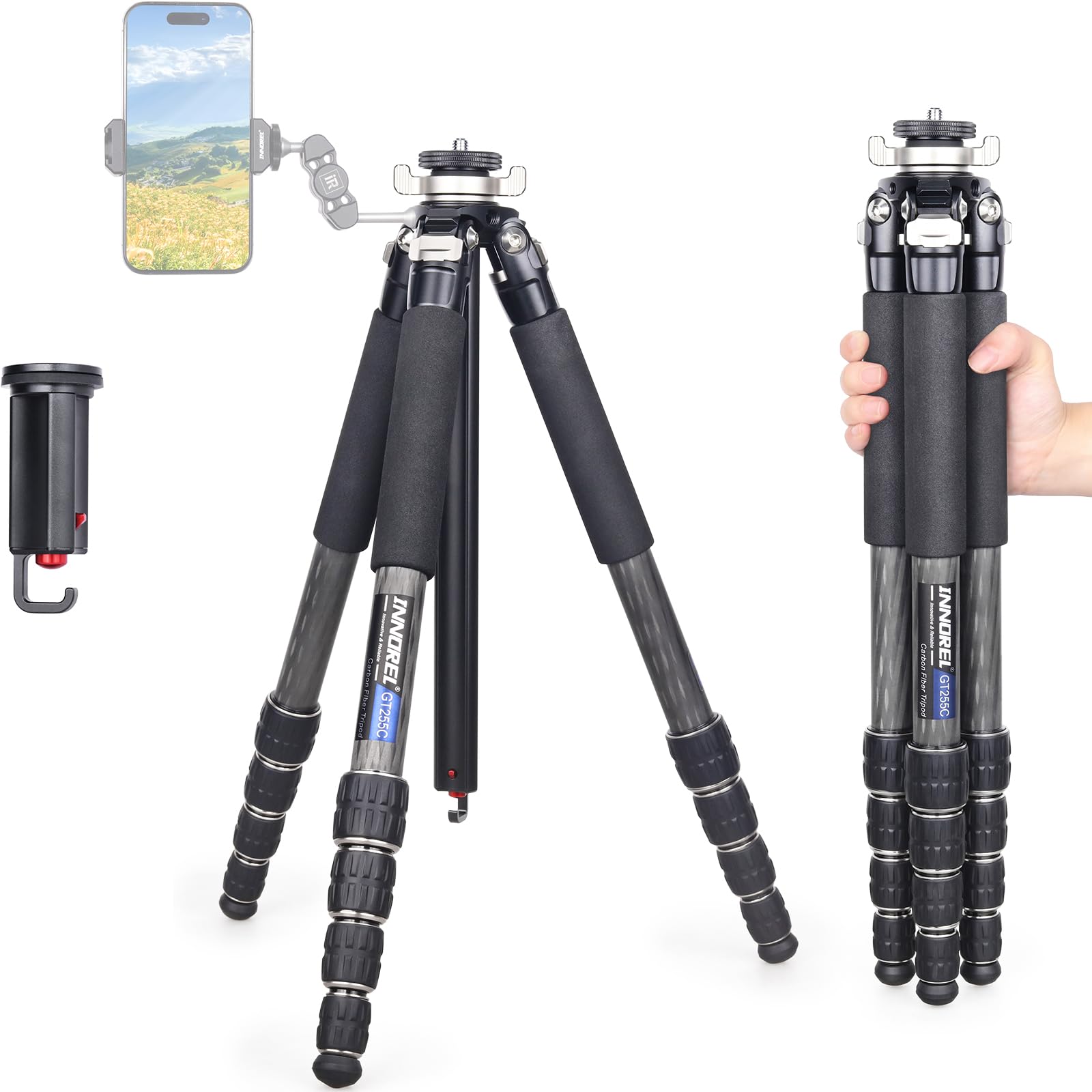 Carbon Fiber Travel Tripod-INNOREL GT255C 64.6in 5 Section Professional Compact Portable Camera Tripod Stand for Travel Outdoor Digital DSLR with