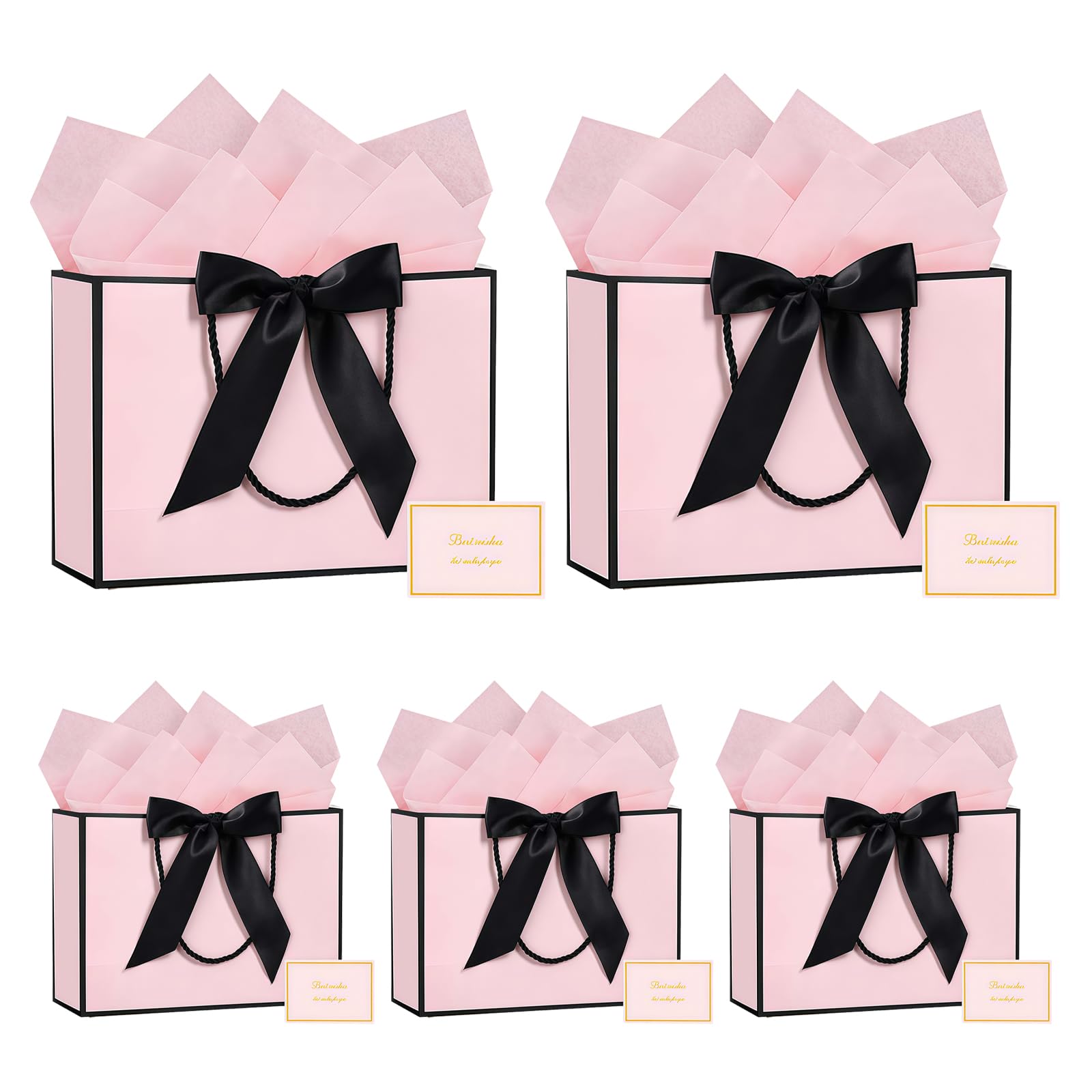 5 Pcs Medium Gift Bags, Paper Gift Bag with 5 Wrappers and 5 Cards, Present Bags with Handles for Birthdays, Weddings, Parties, Valentine's Day, Christmas (Pink)